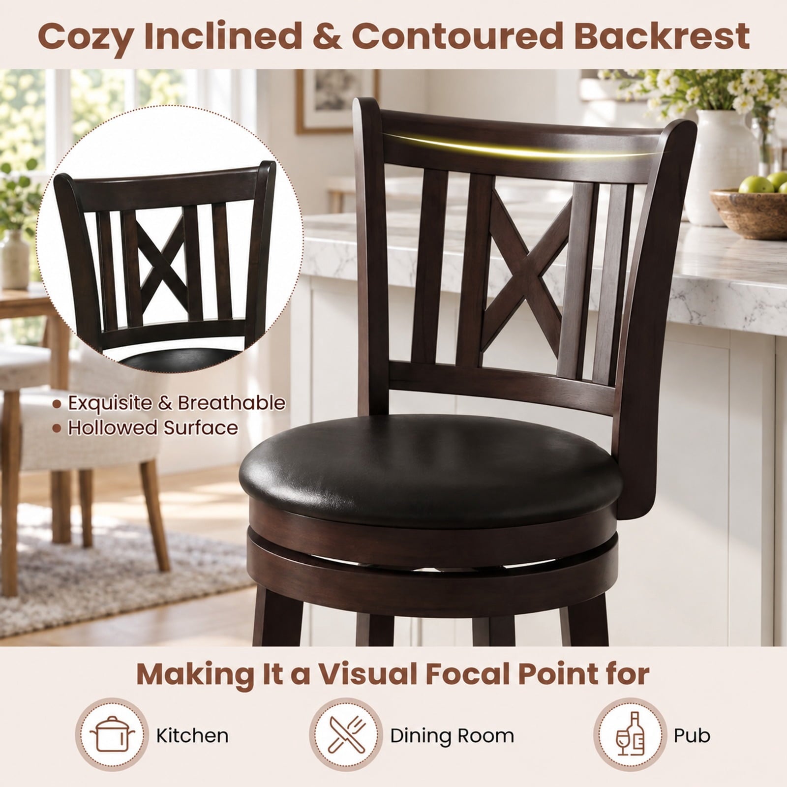 Fenbeli Set of 2 Bar Stools Swivel Bar Chairs with Hollowed Backrest and Footrest-26 inches, Capacity 275 lbs Capacity, 20 x 18 x 39.5 Footprint