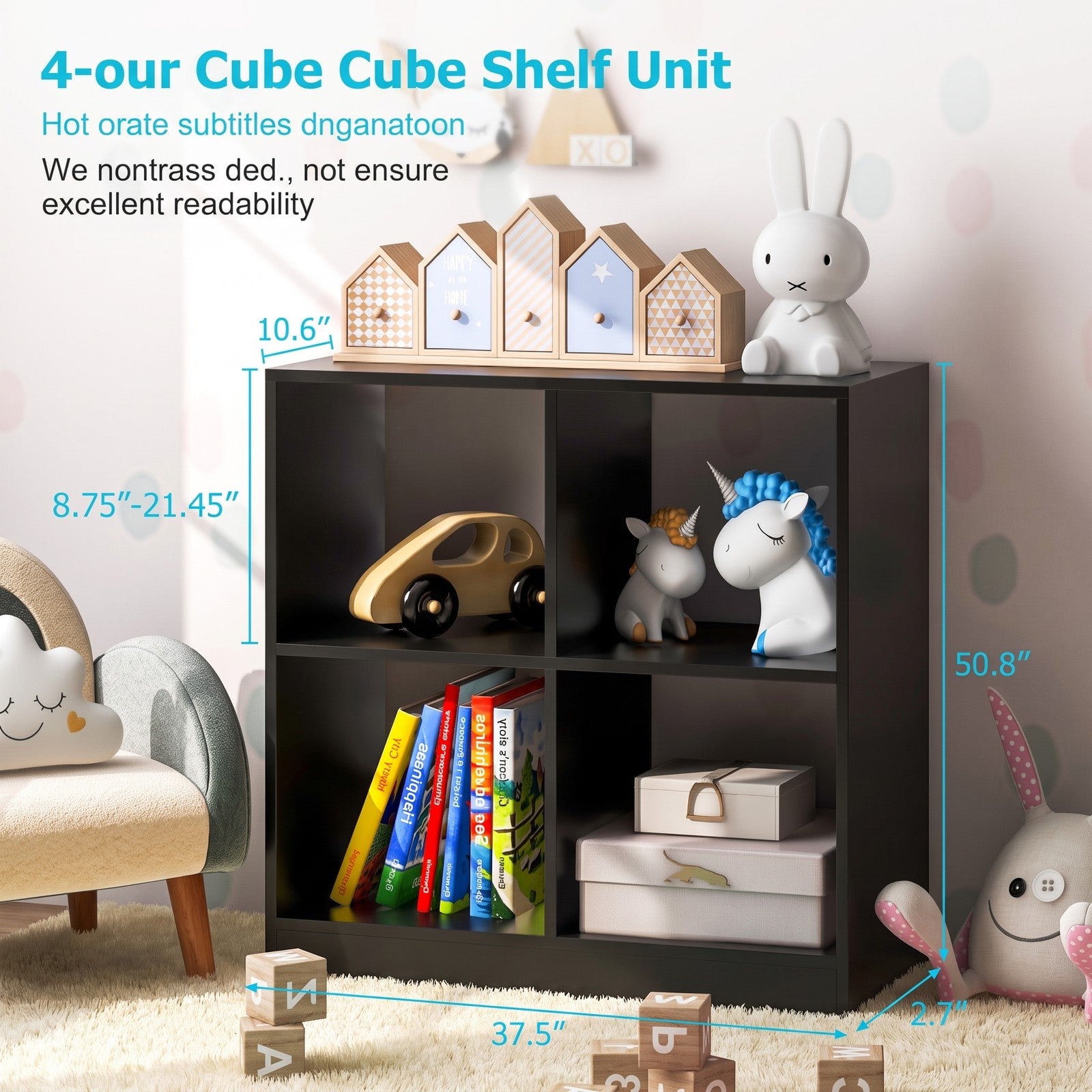Fenbeli 4-Cube Kids Bookcase with Open Shelves, layer 60 lbs Capacity, Engineered wood Frame, 29 x 13 x 29 Footprint, Black