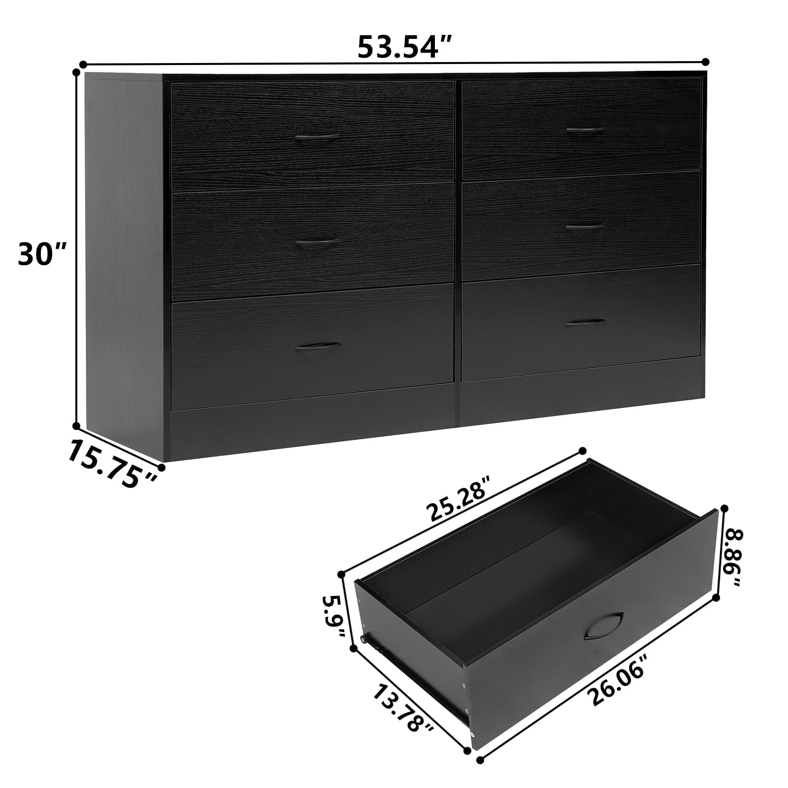 Fenbeli Modern 6 Drawer Dresser for Bedroom, Black Drawer Dresser with Metal Handles, Storage Chest for Bedroom, Living Room, Office