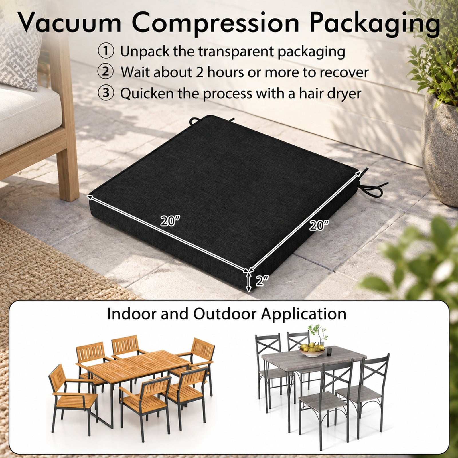 Fenbeli Outdoor Chair Cushion Set of 2 Waterproof Fade-Resistant Olefin Seat Cushions, Olefin Fabric 28D Foam Frame, Black