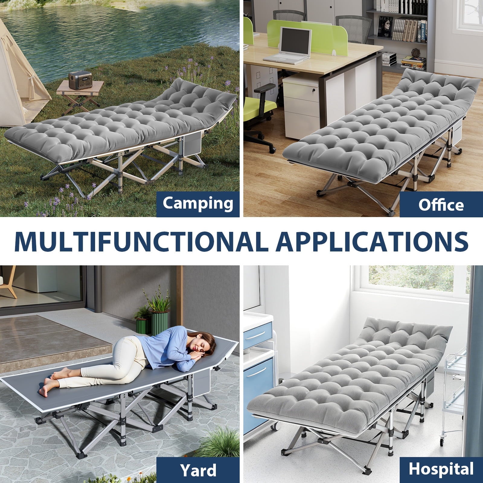 Fenbeli 2 Pack Camping Cot with Mattress Heavy Duty Folding Cot Bed for Adults, Gray