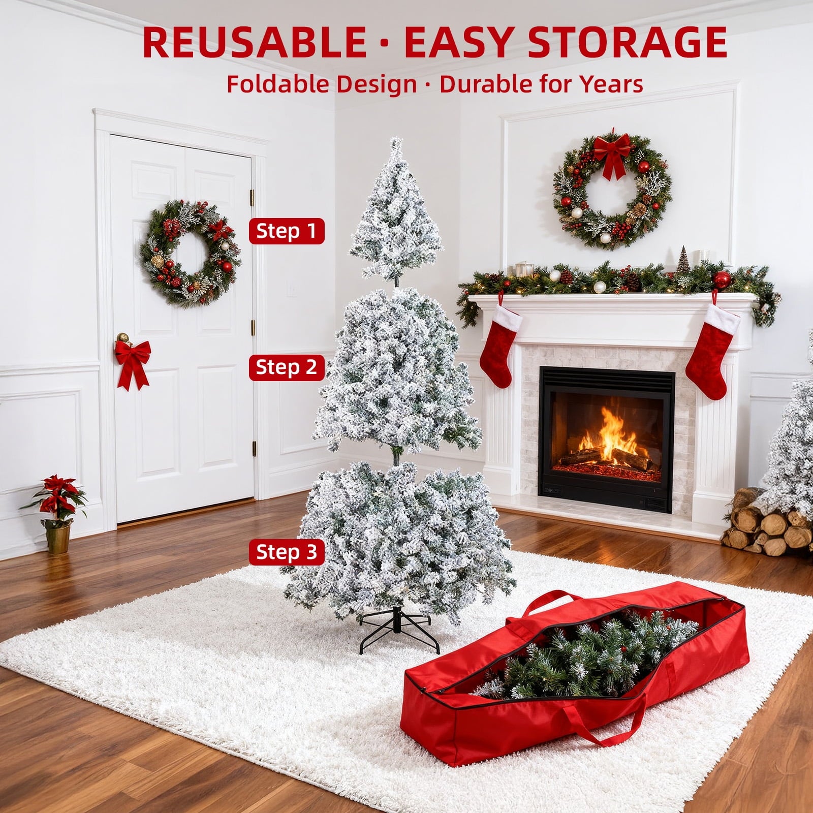 Fenbeli 6ft Pre-Lit Premium Snow Flocked Christmas Tree with 300 Nine Lights Colored Lights, White
