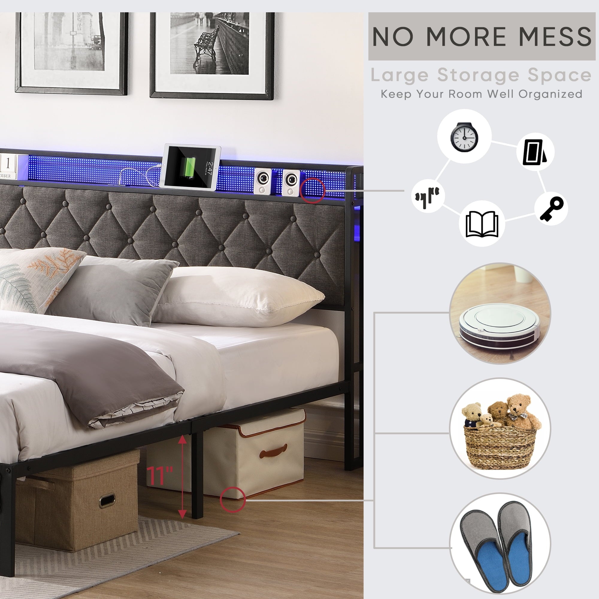 Furnibear King Bed Frame with RGB LED Lights, Charging Station And Storage Headboard | Reinforced Platform | Easy Assembly, Dark Gray