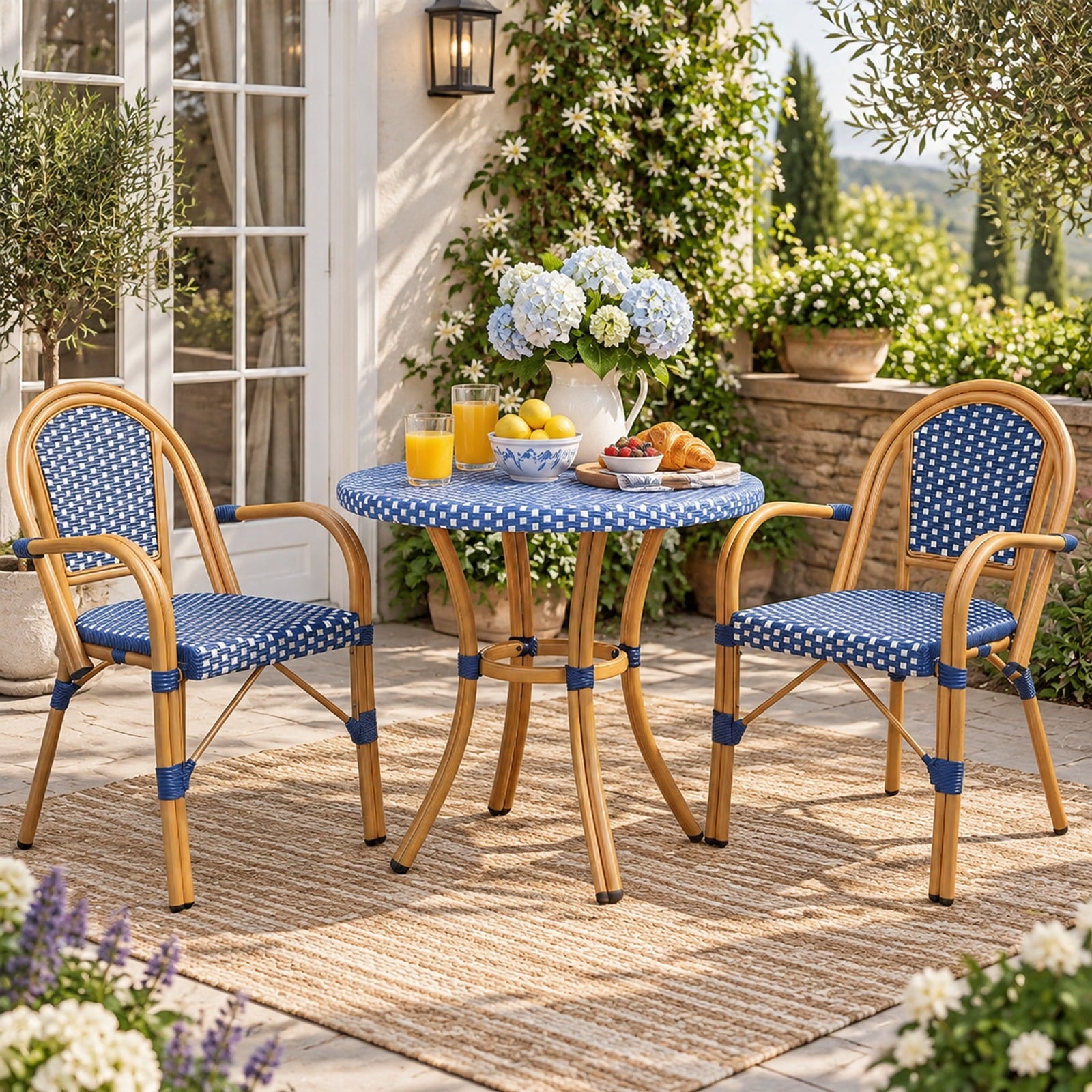 Fenbeli Hand-Woven PE Wicker Outdoor French Bistro Chairs Set of 2, Chair 400 lbs Capacity, PE Rattan Galvanized Metal Frame, Blue