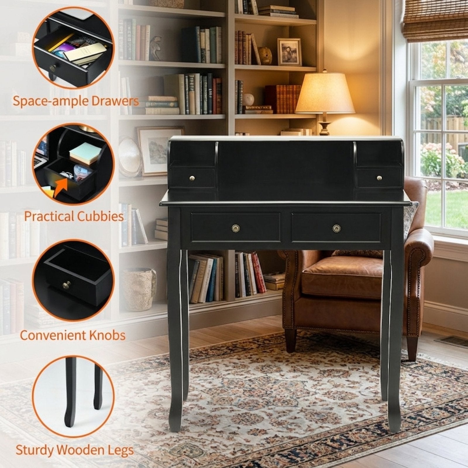 Furnibear 2-Tier Writing Desk with Storage, Vanity and Sewing Desk with 4 Drawers, Computer Desk for Bedroom, Black