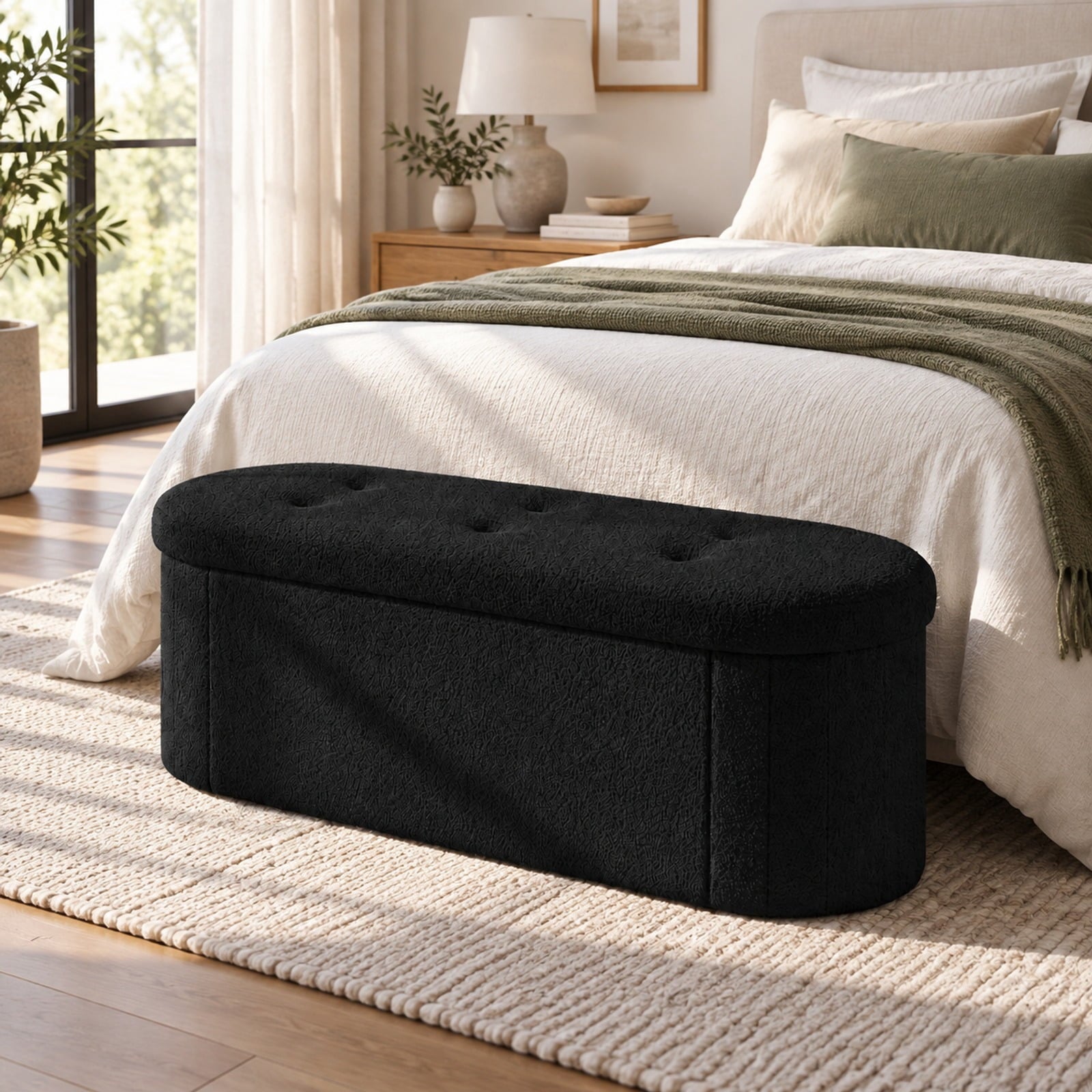 Fenbeli 43 Folding Teddy Storage Ottoman Bench with Dividers for Living Room and Bedroom, 43 x 15 x 16Inner Footprint, Black