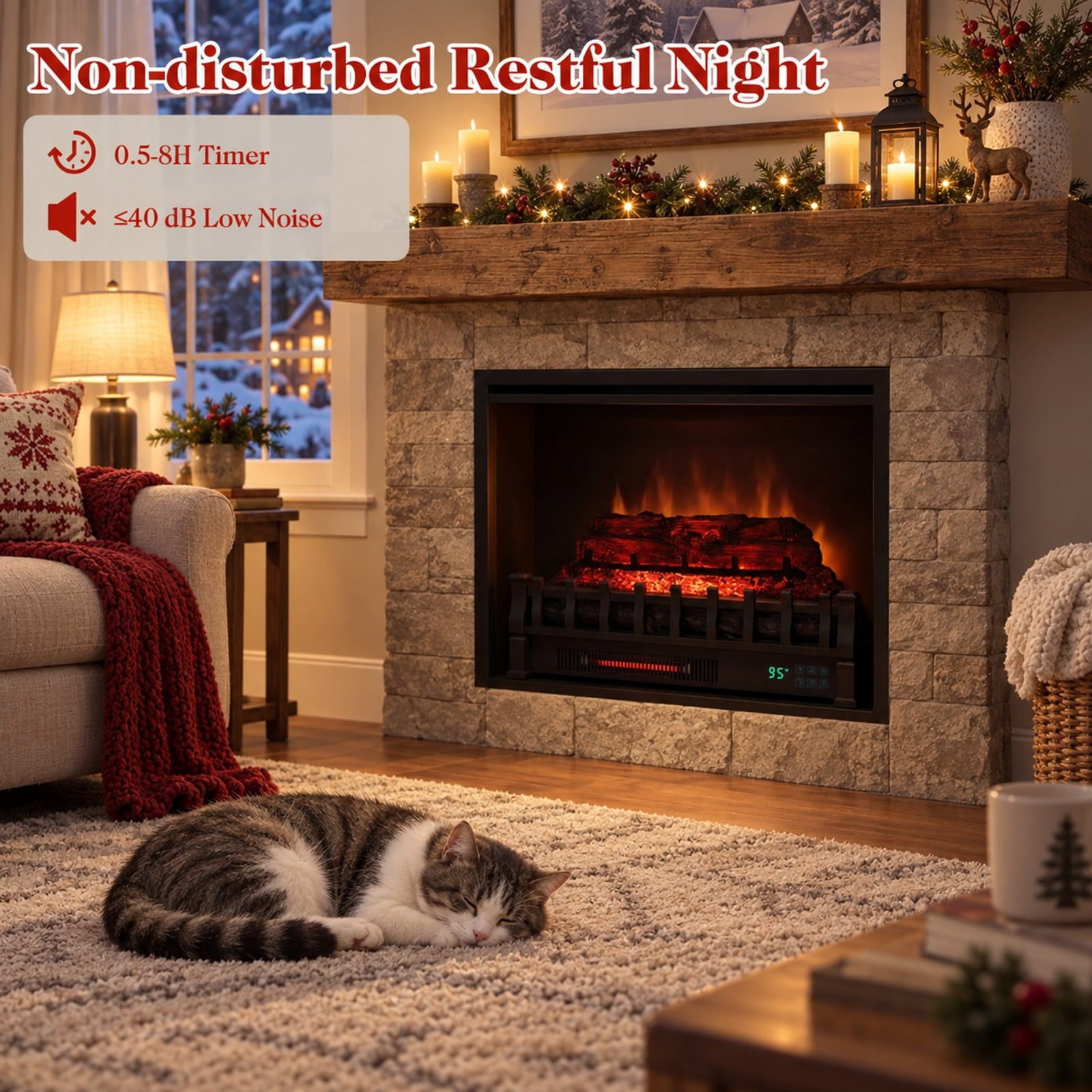 Fenbeli 23 WiFi Fireplace Insert Pinewood Set with App and Remote, Metal Resin Frame, 23 x 8.9 x 12.6 Cord Length 5.8 ft Footprint, Black