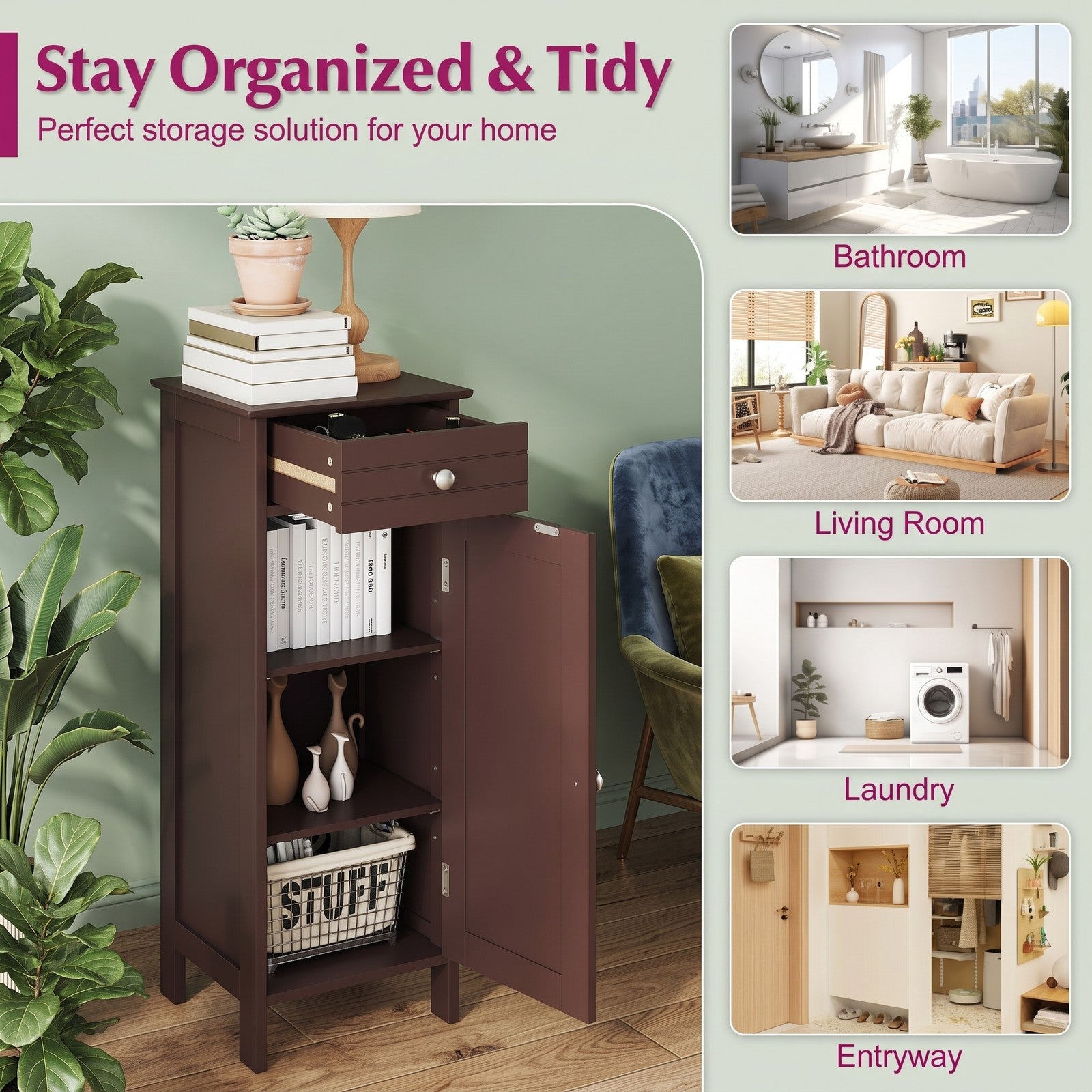 Fenbeli Wooden Floor Storage Cabinet, Free-Standing Bathroom Organizer with Drawer and 2 Adjustable Shelves, Narrow Side Cabinet for Living Room Bedroom, Brown