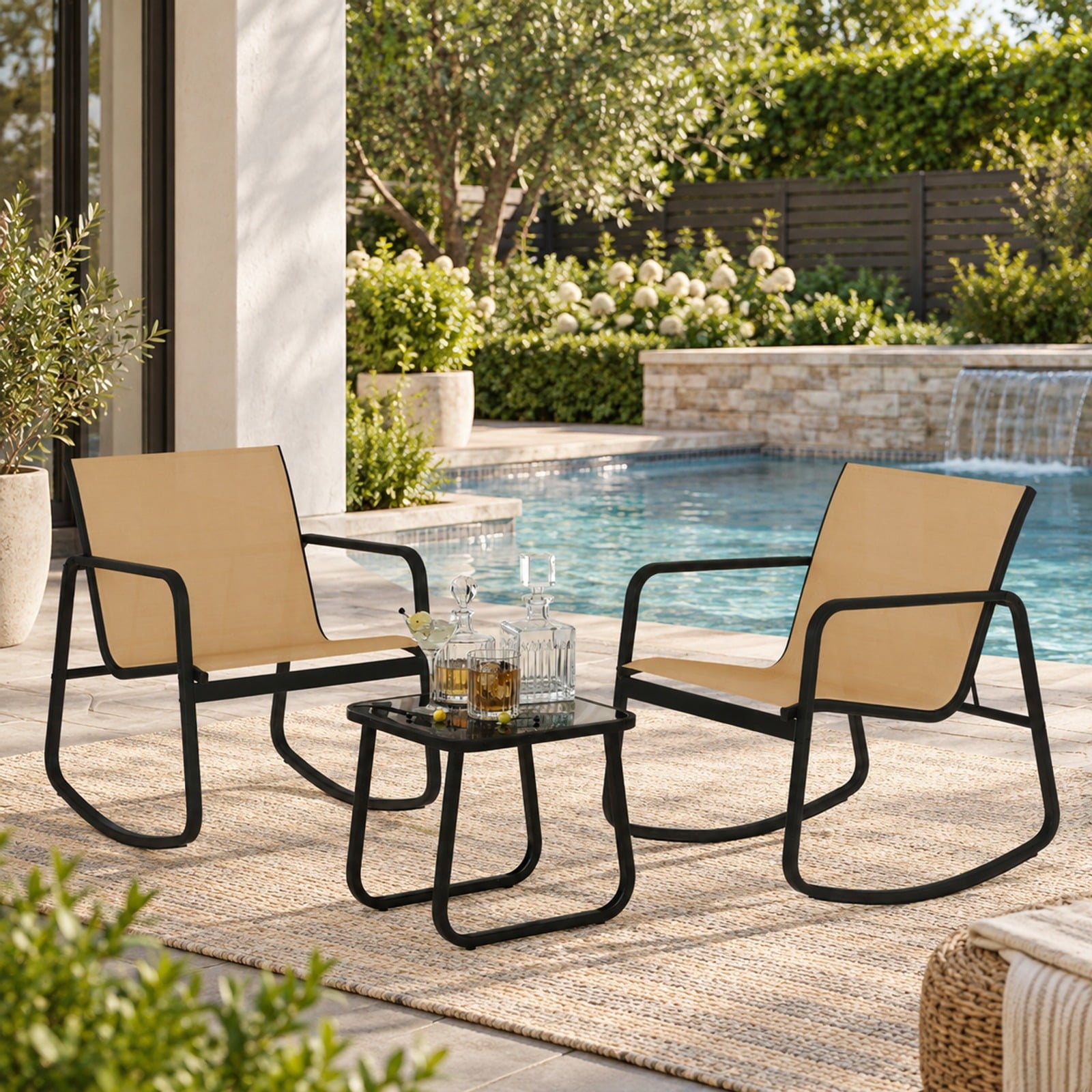 Fenbeli 2 Rocking Bistro Chairs and Glass-Top Table for Porch Yard Balcony, Rocking Chair 330 lbs Capacity, Metal Fabric Tempered Glass Frame, Brown