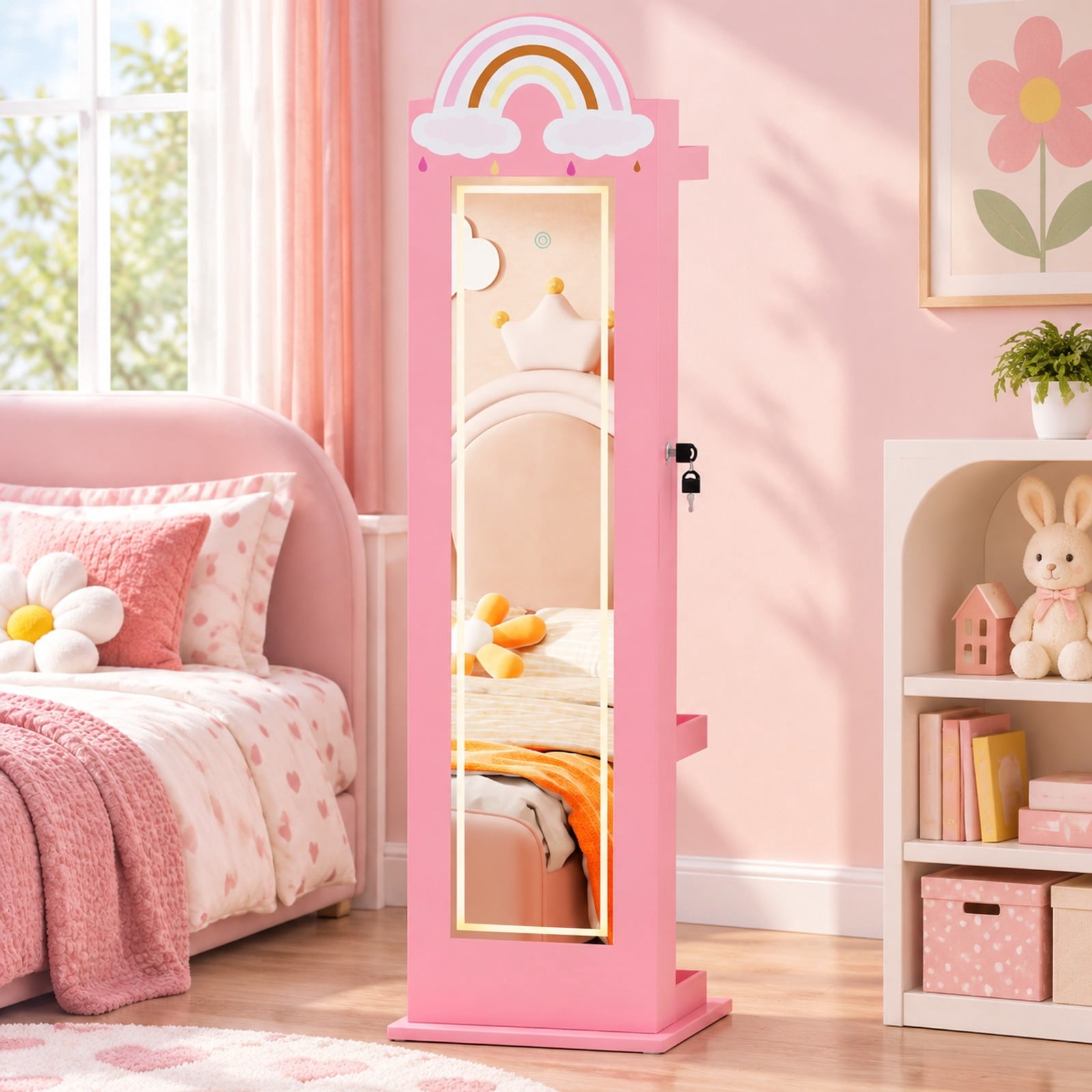 Fenbeli 3 In 1 Kids Jewelry Cabinet Freestanding Jewelry Armoire with 3-Color Lighted Mirror, MDF Glass Acrylic Frame, Pink