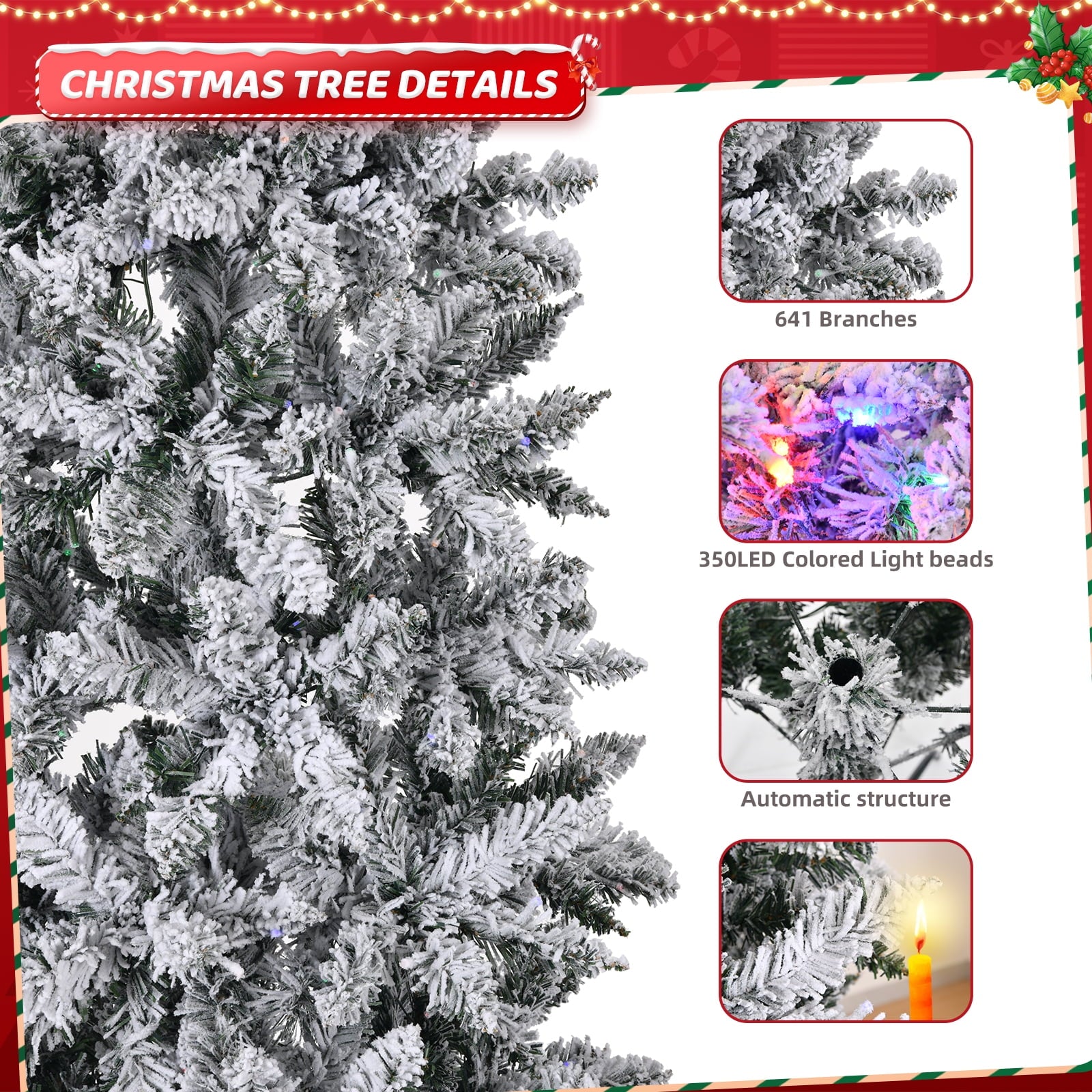Fenbeli 7.5ft Pre-Lit Snow Flocked Hinged Artificial Christmas Tree