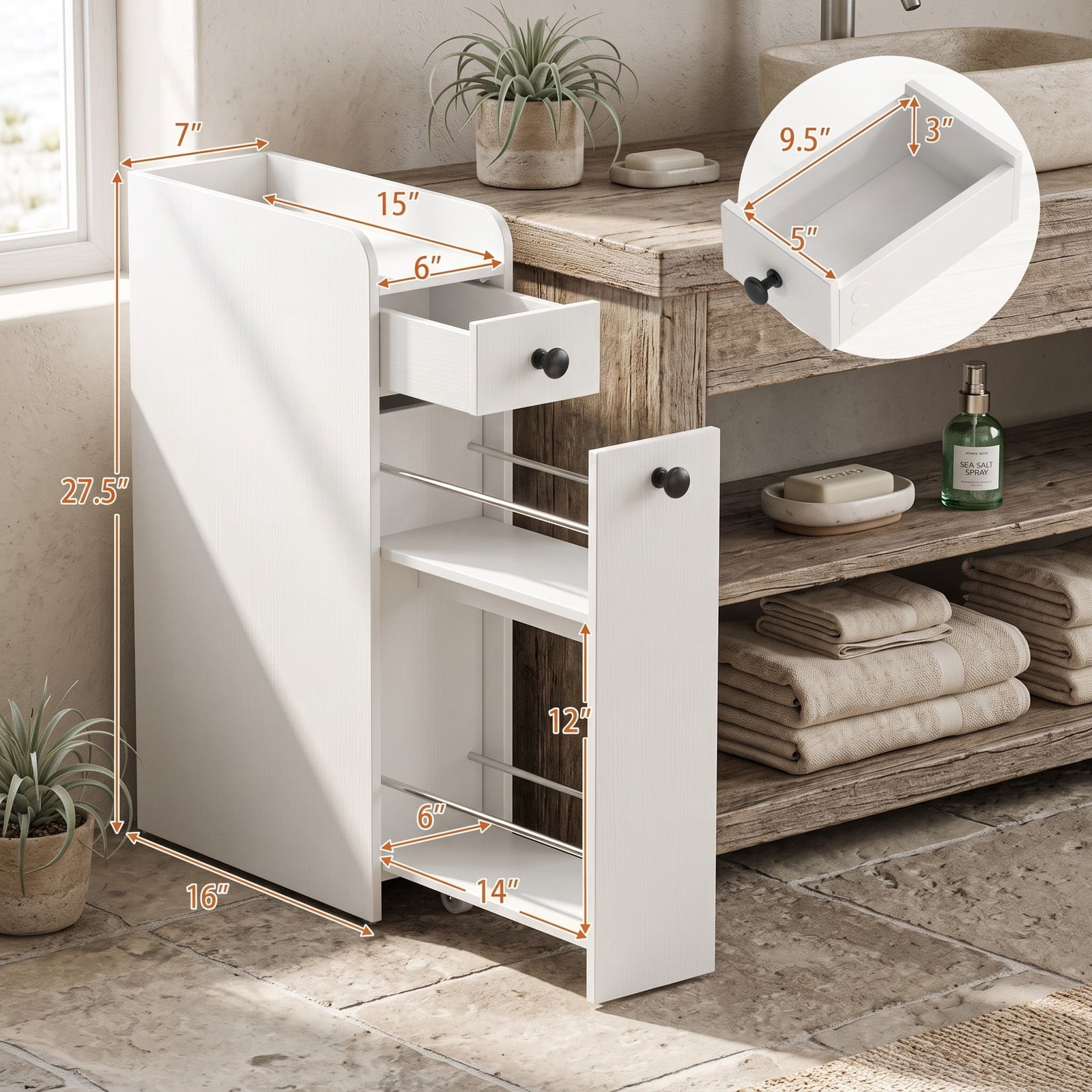 Fenbeli Small Bathroom Storage Cabinet, 4-Tier Narrow Slim Organizer with 3 Slide Out Drawers on Casters, Freestanding Rolling Storage Tower for Bathroom, White