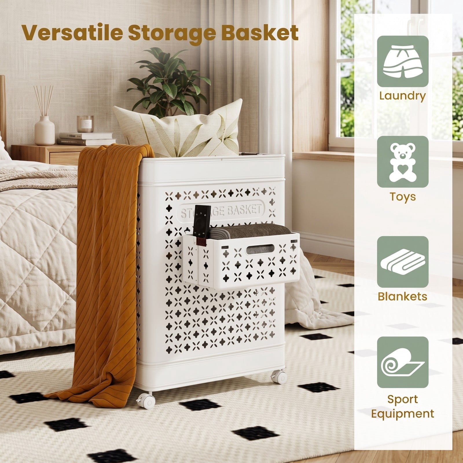 Fenbeli Collapsible Laundry Basket 20 Gallon, Plastic Foldable Laundry Hamper with Wheels, Handles and Hanging Basket, Waterproof PP Clothes Storage Bin Sorter, White