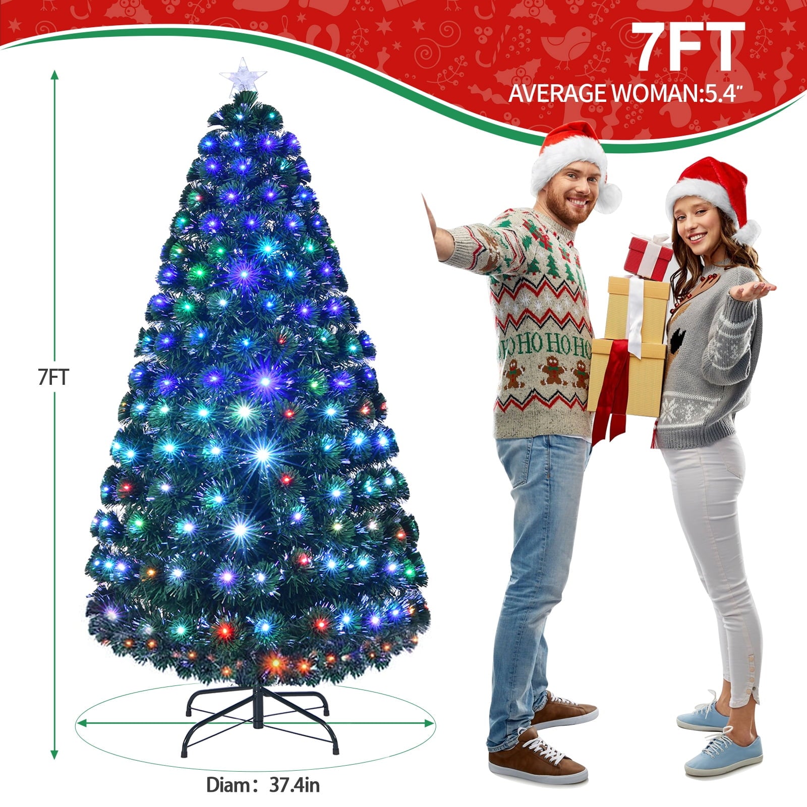 Fenbeli 7ft Pre-Lit Fiber Optic Artificial Christmas Tree, Xmas Tree w/285 Colorful LED Lights, 280 Branch Tips