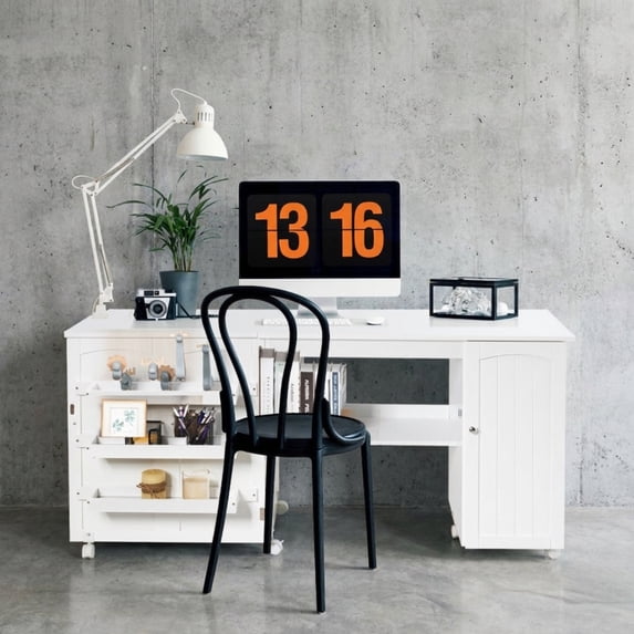 Furnibear Folding Large Sewing Table with Storage, White Computer Desk for Home Office, Bedroom, and Living Room