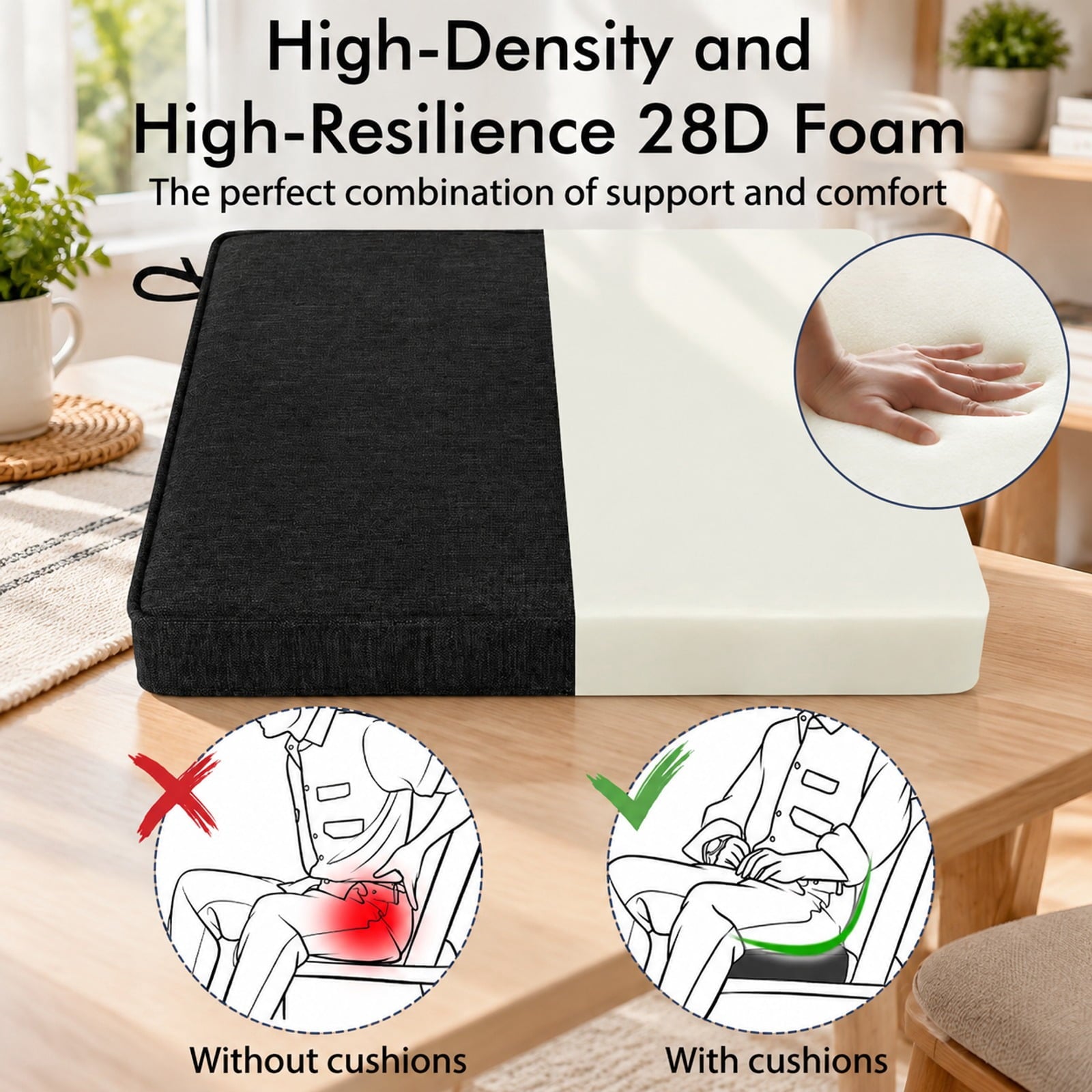 Fenbeli Outdoor Chair Cushion Set of 2 Waterproof Fade-Resistant Olefin Seat Cushions, Olefin Fabric 28D Foam Frame, Black