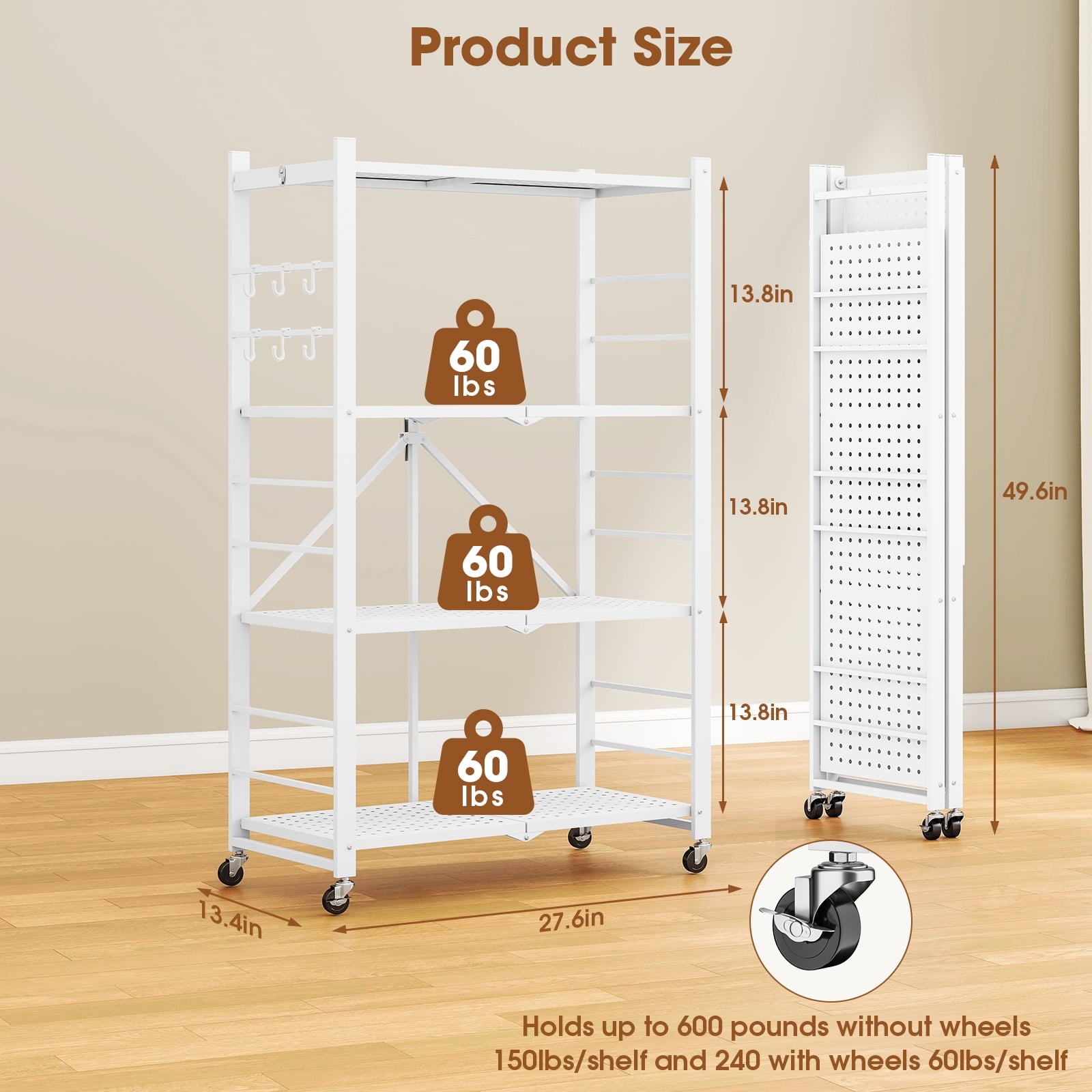 Fenbeli Storage Shelves,4-Tier Foldable Metal Wire Storage Shelf with Wheels, Heavy Duty Organizer Rack for Garage, Kitchen, Closet, White