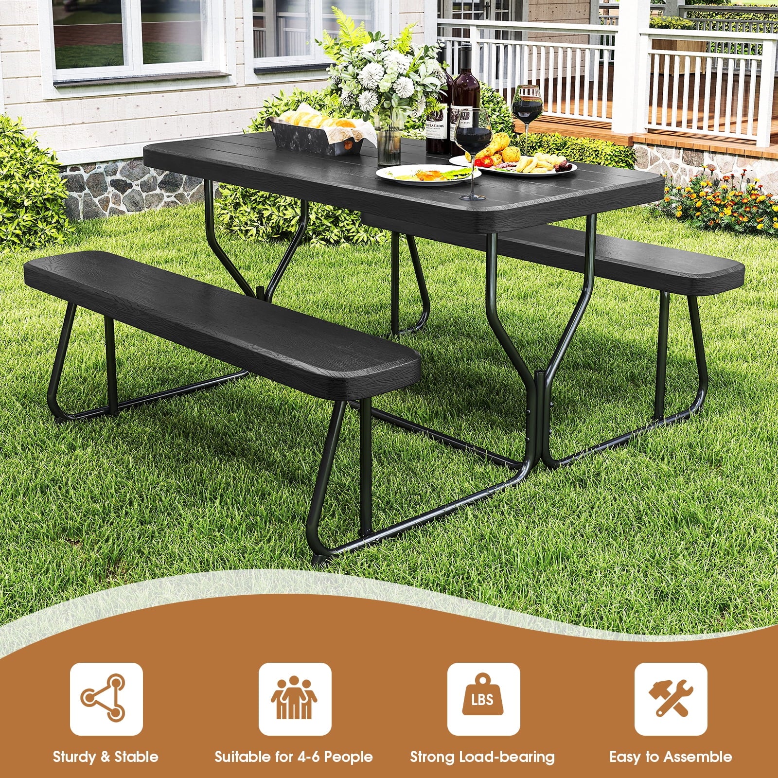 Fenbeli Outdoor Picnic Table Set Easy Assembly, 4 Adults Seating for BBQs, Camping, Patio, and More, Black