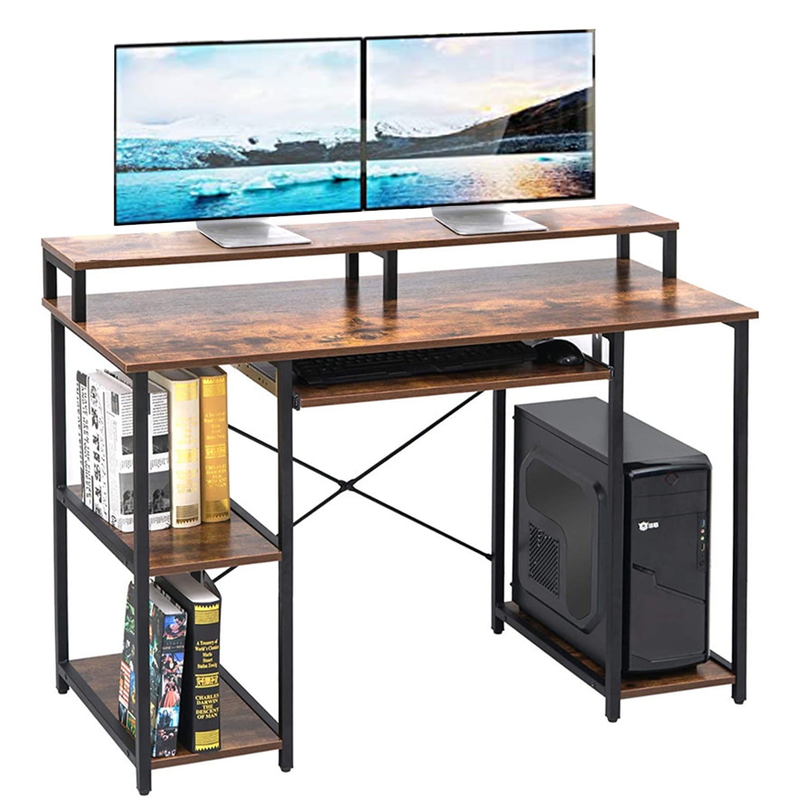 Furnibear Computer Desk 47 Home Office Desk Study Writing Table with Monitor Stand Storage Shelf, Brown
