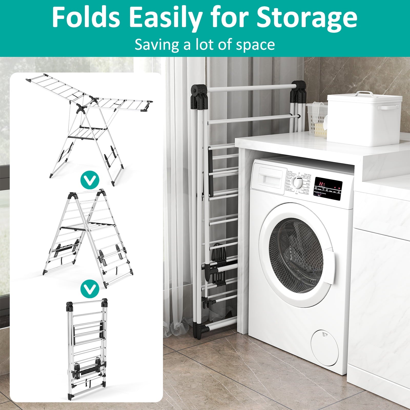 Fenbeli Foldable Clothes Drying Rack, 2-Tier 66 lbs Capacity, Rustproof Steel Laundry Rack for Indoor and Outdoor, White