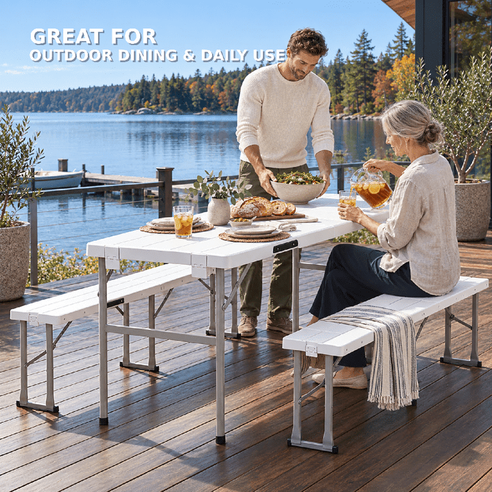 Fenbeli 6 FT Folding Picnic Table with 2 Benches, 660 lb Foldable Portable Picnic Set, 70 in Wood Grain HDPE Plastic Top, Steel Frame, Seats 4, Outdoor Camping Dining Table for Patio, Party, BBQ