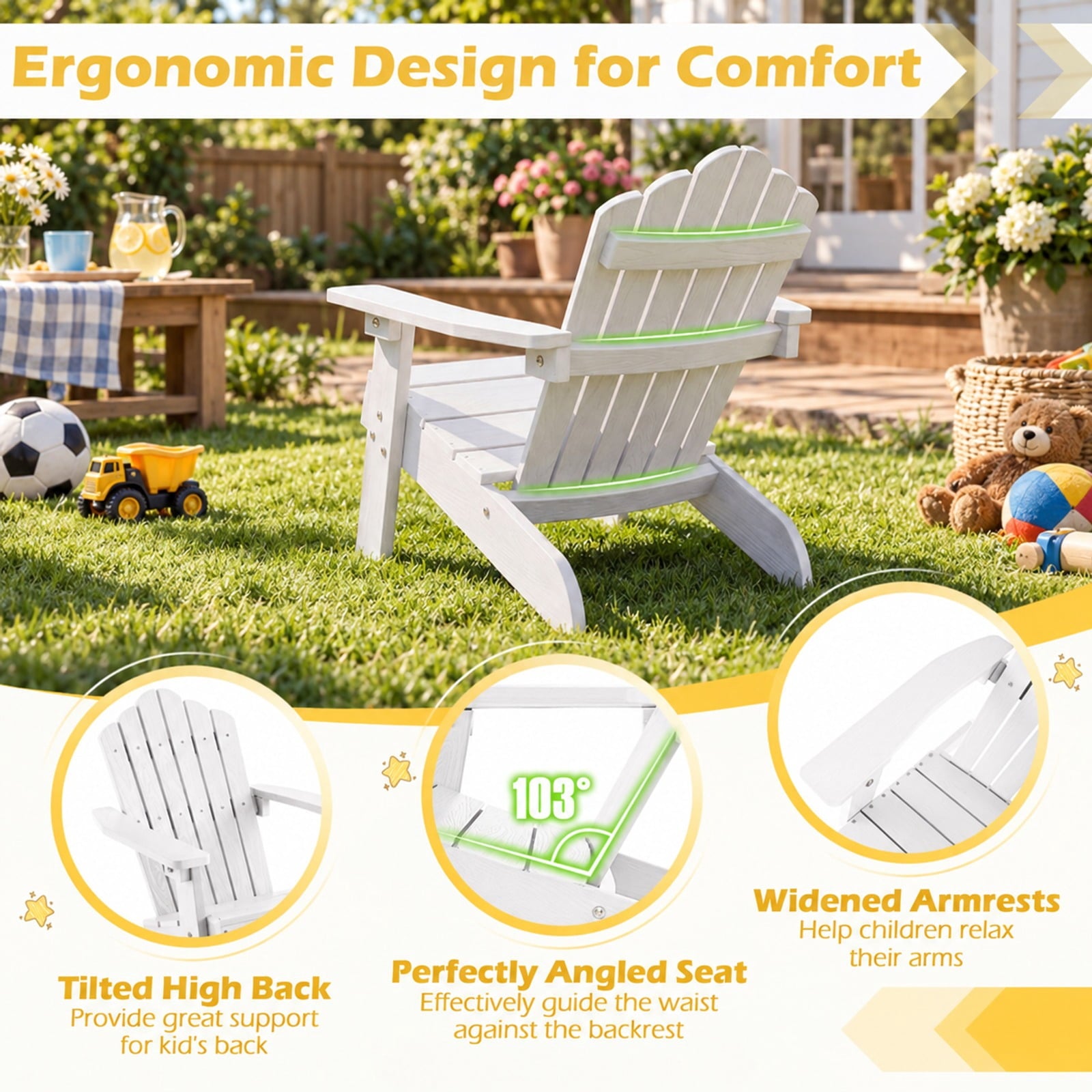 Fenbeli Kids Adirondack Chair All-weather Outdoor Chair for Children with Tilted High Backrest, 165 lbs Capacity, HIPS Frame, for 3-7 Years Old