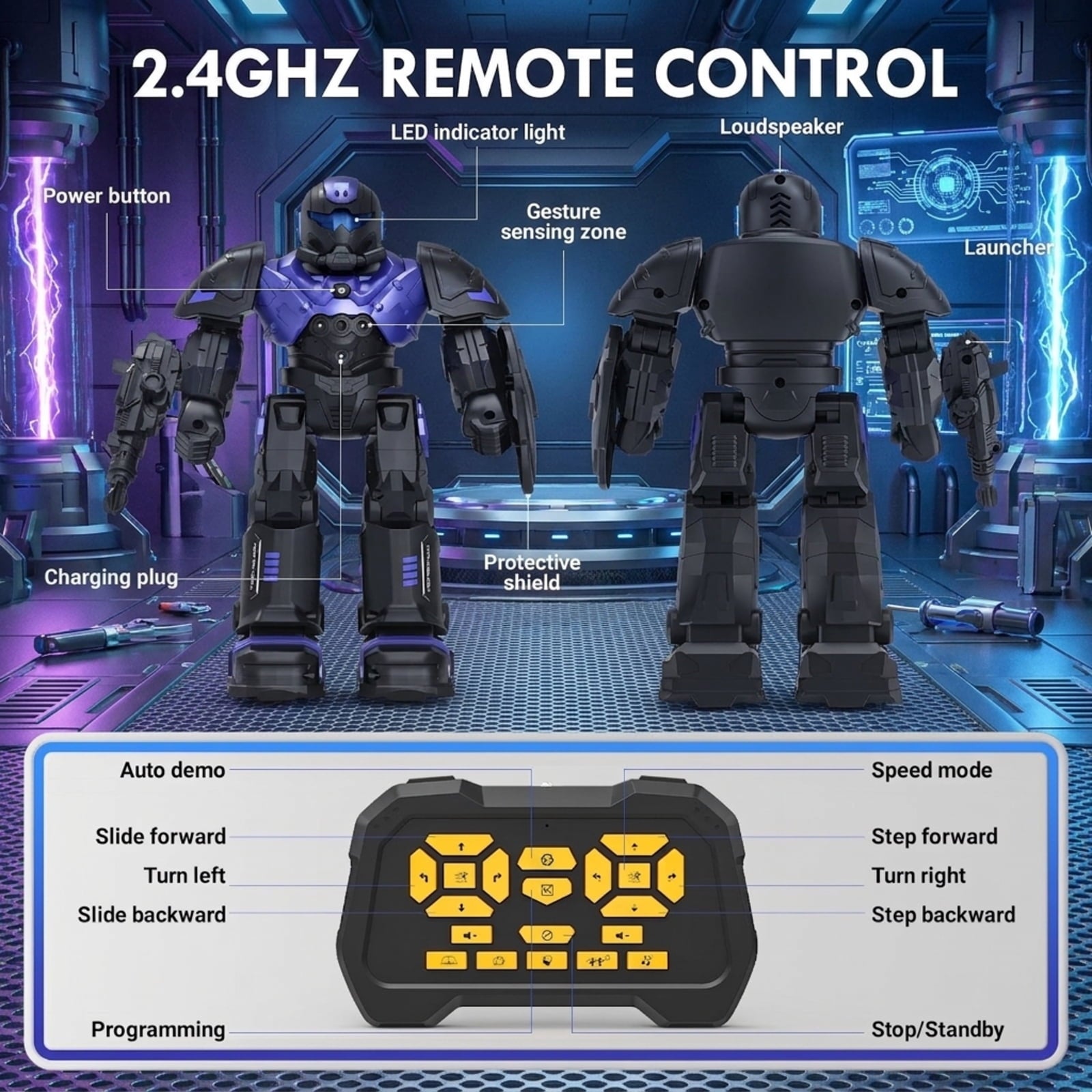 Fenbeli Gesture Sensing Remote Control Robot Toy for Kids, Interactive RC Robot with Dancing, Music, Shooting and Early Learning, Rechargeable Electronic Toy, Purple