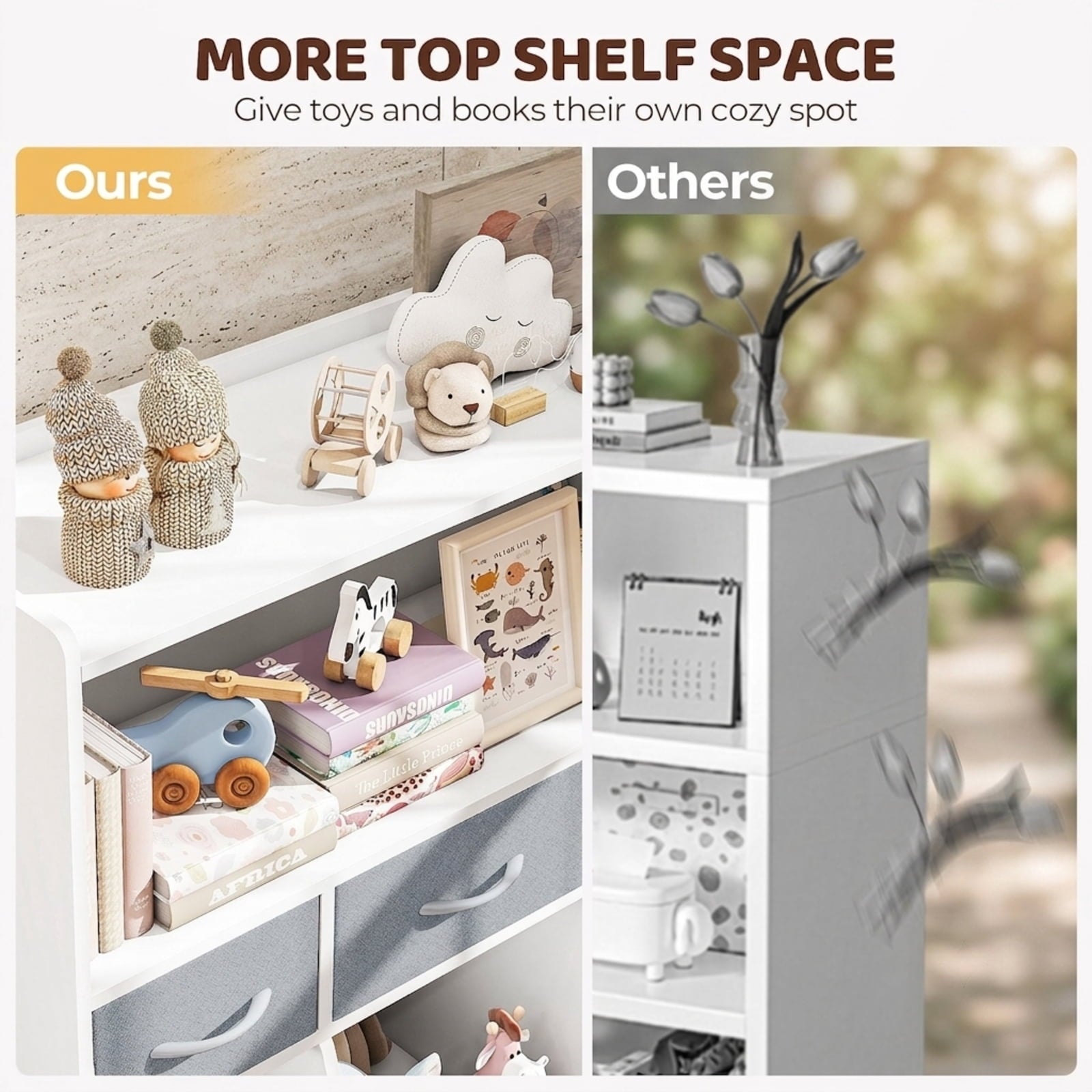 Fenbeli Kids Bookshelf and Toy Storage Organizer, White MDF Bookcase with 3 Removable Fabric Bins Open Compartments and Rounded Edges, for Nursery Bedroom and Playroom