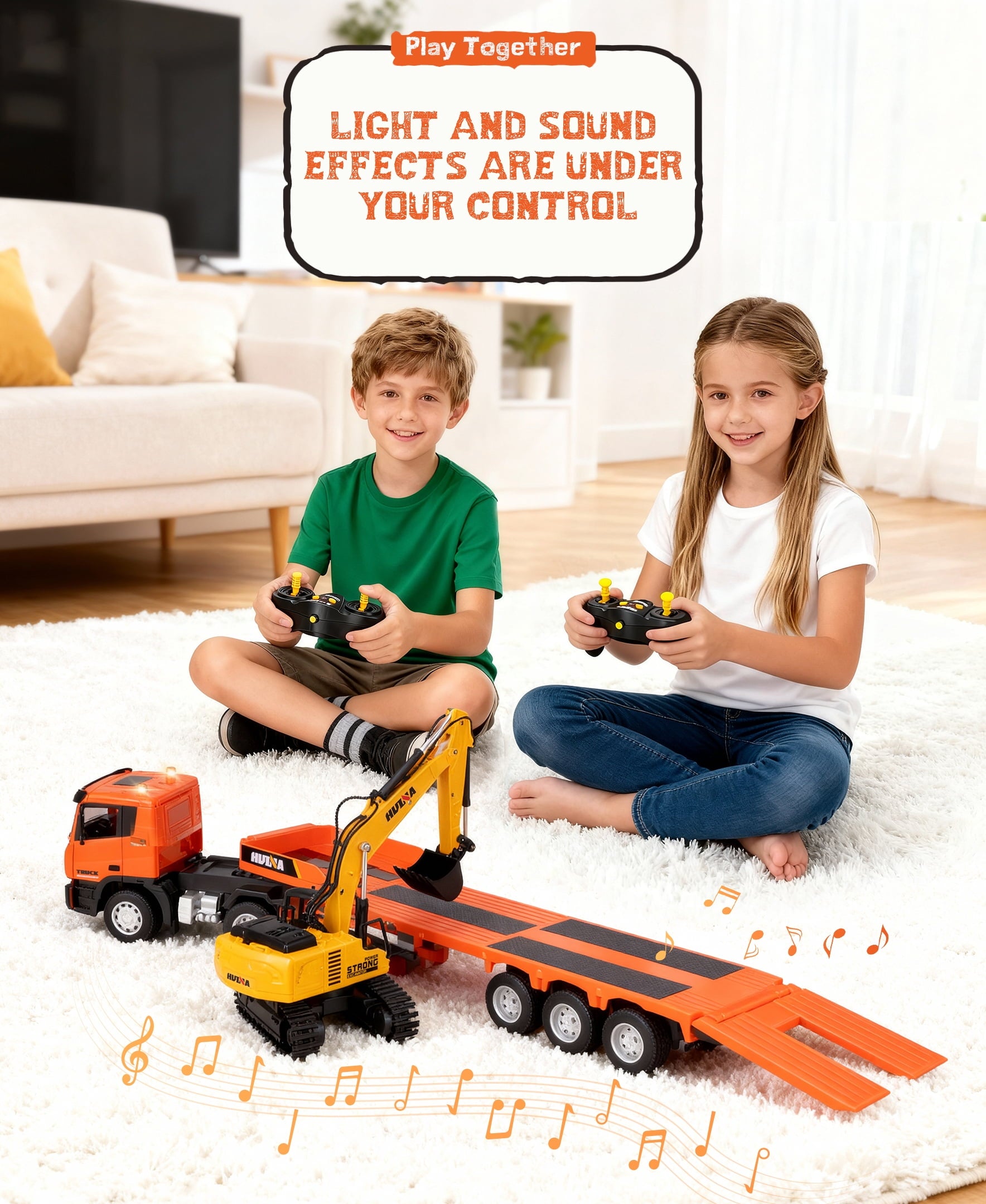 Fenbeli 1:18 RC Flatbed Truck and Excavator Toy Set, 2.4GHz 9-Channel Remote Control Construction Vehicles with Lights Sounds, 32.9 Semi-Trailer with 680¡ã Rotating Digger, Gift for Boys 8-12, Orange