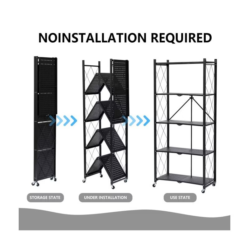 Fenbeli 5-Tier Heavy-Duty Foldable Storage Shelf with Lockable Wheels (750 lbs Capacity) - No Assembly Metal Organizer Rack for Home/Garage/Office, Black