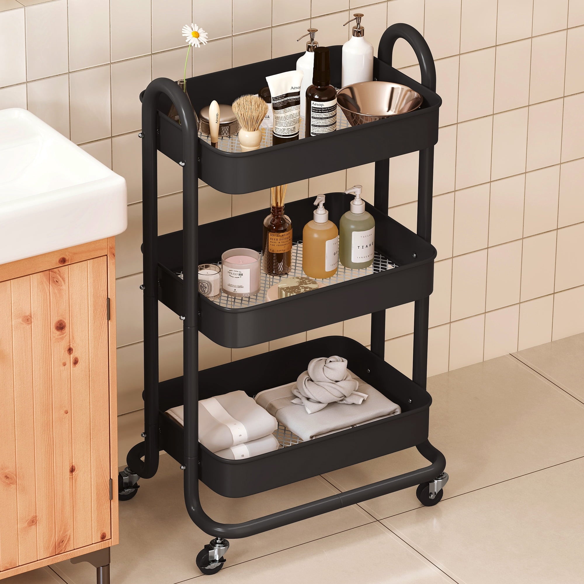 Fenbeli 3-Tier Metal Rolling Utility Cart with Wheels, black, 18L x 13.4W x 31H