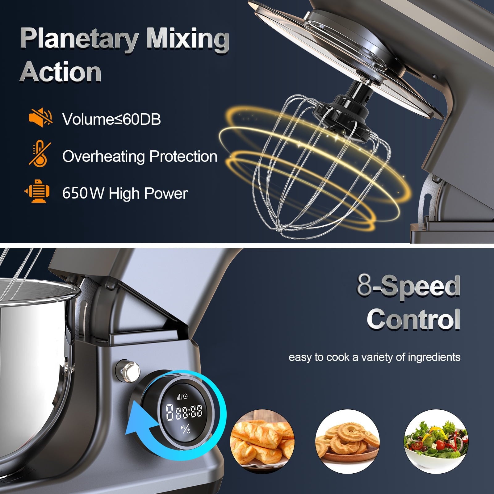 Fenbeli 5.3Qt Stand Mixer,650 W 8 Speeds Kitchen Electric Food Mixer for Daily Use with Egg Whisk,Dough Hook,Flat Beater,Black