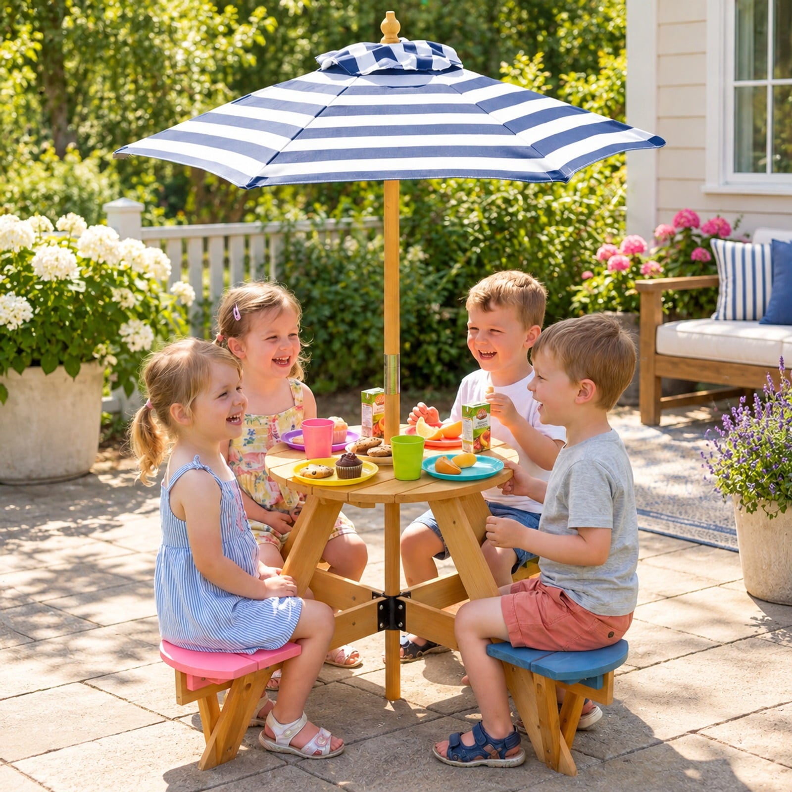 Fenbeli Kids Picnic Table with Stools and Foldable Adjustable Umbrella for Backyard and Patio, Bench 165 lbs Capacity, Polyester Fabric Frame, Blue