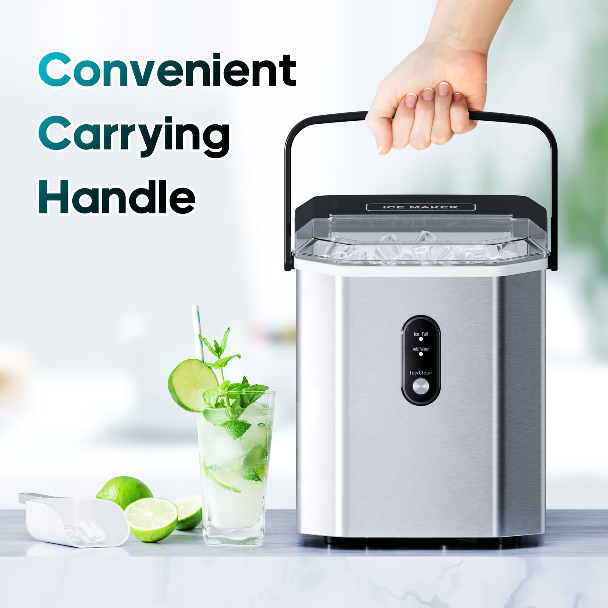 Fenbeli 26lbs/24H Countertop Ice Maker Machine with Handle, Portable Ice Maker Machine with Auto-Cleaning, Silver