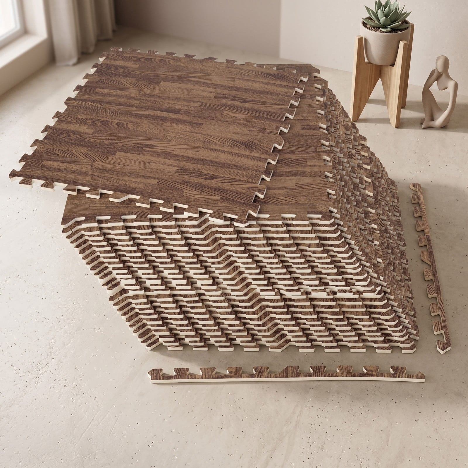 Fenbeli 25 Tiles Wood Grain Foam Floor Mats with Borders, Interlocking EVA Puzzle Play Mat Tiles Covers 100 sq ft for Living Room Bedroom Playroom Gym Exercise, Brown
