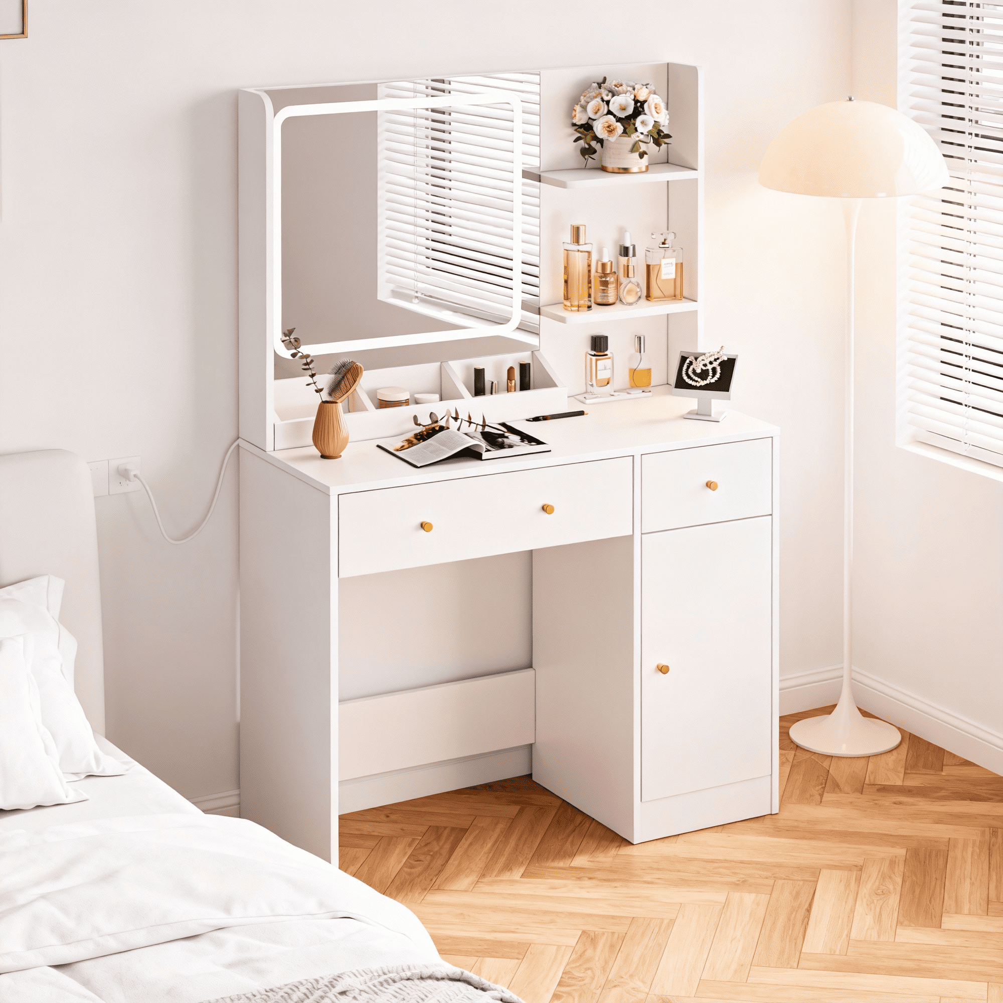 Fenbeli White Vanity Desk with Lighted Mirror, Makeup Table with Charging Station, Large Vanity Set with 3 Storage Compartments for Bedroom