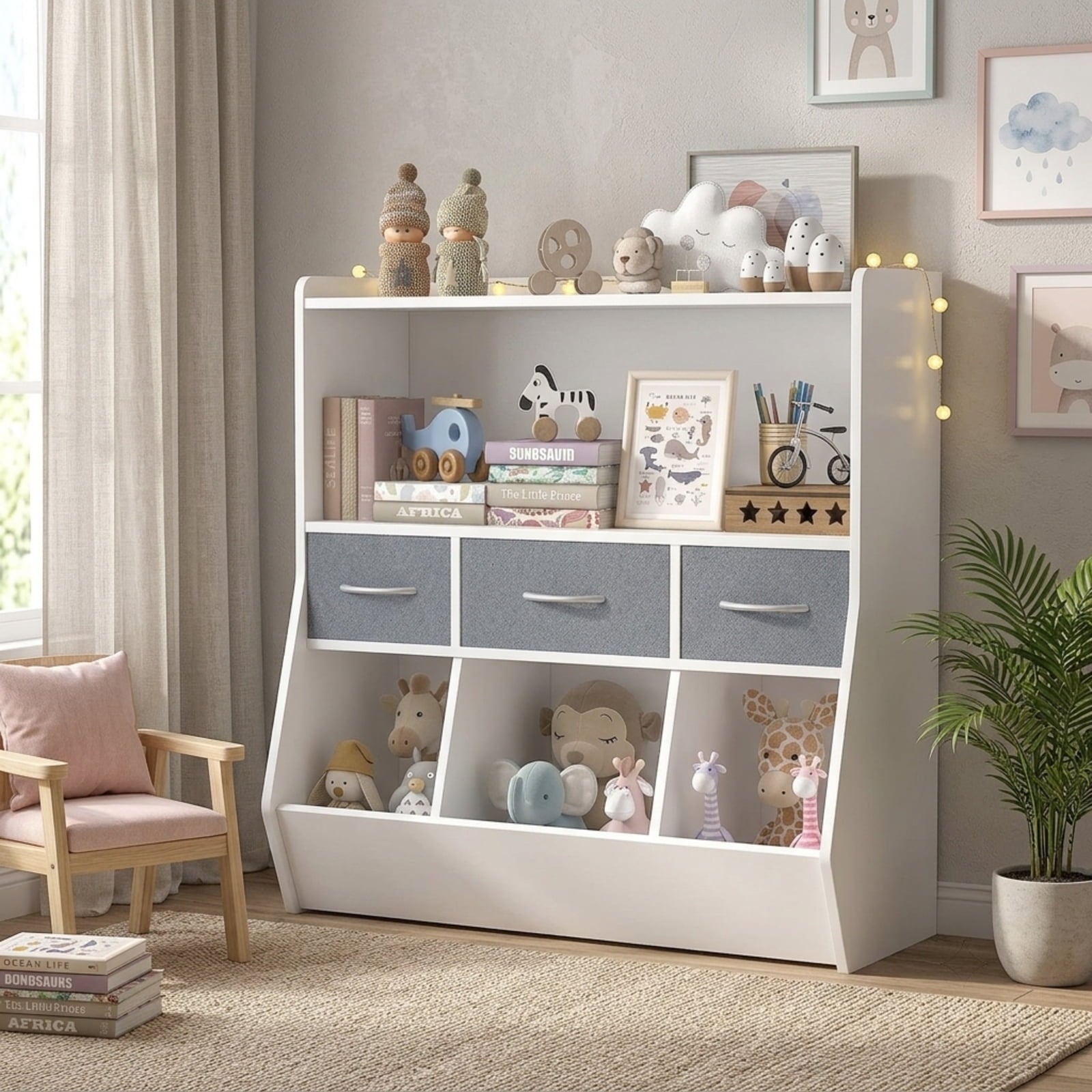Fenbeli Kids Bookshelf and Toy Storage Organizer, White MDF Bookcase with 3 Removable Fabric Bins Open Compartments and Rounded Edges, for Nursery Bedroom and Playroom