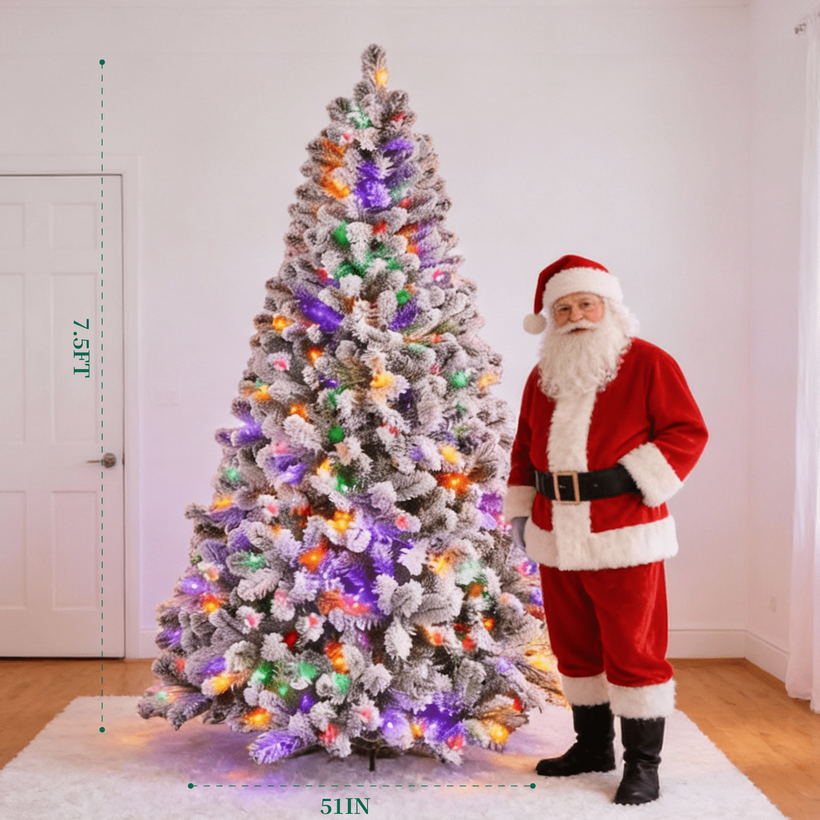 Fenbeli 7.5ft Pre-Lit Premium Snow Flocked Artificial Christmas Tree with 1405 Tips 350 LED Multicolor Lights