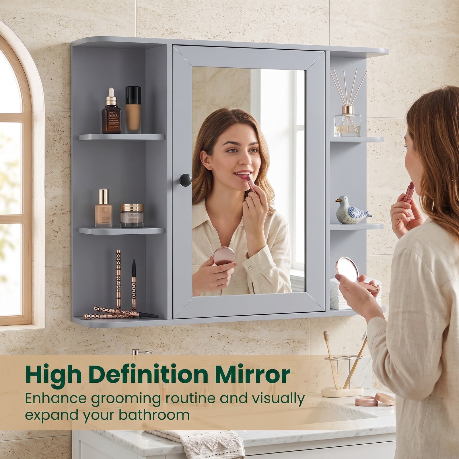 Fenbeli Wall Mounted Bathroom Medicine Cabinet with Mirror and Open Shelves, Wood Storage Organizer with Mirrored Door and Adjustable Compartments for Bathroom, Gray