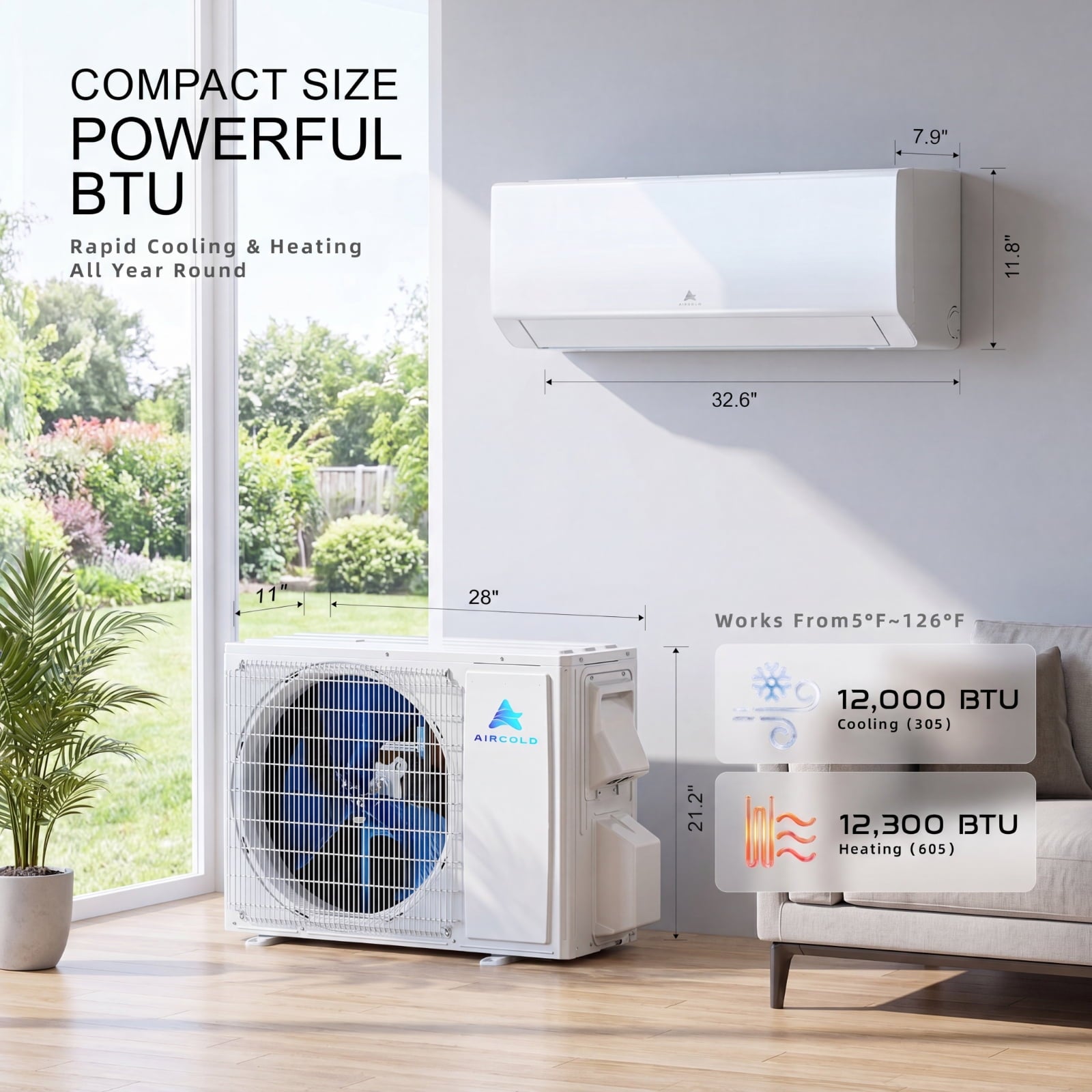 Aircold 12000 BTU Mini Split Air Conditioner and Heater, 115V 22 SEER2 Energy Saving Ductless Inverter AC Heat Pump with WiFi, Cool and Heat up to 750 Sq.Ft