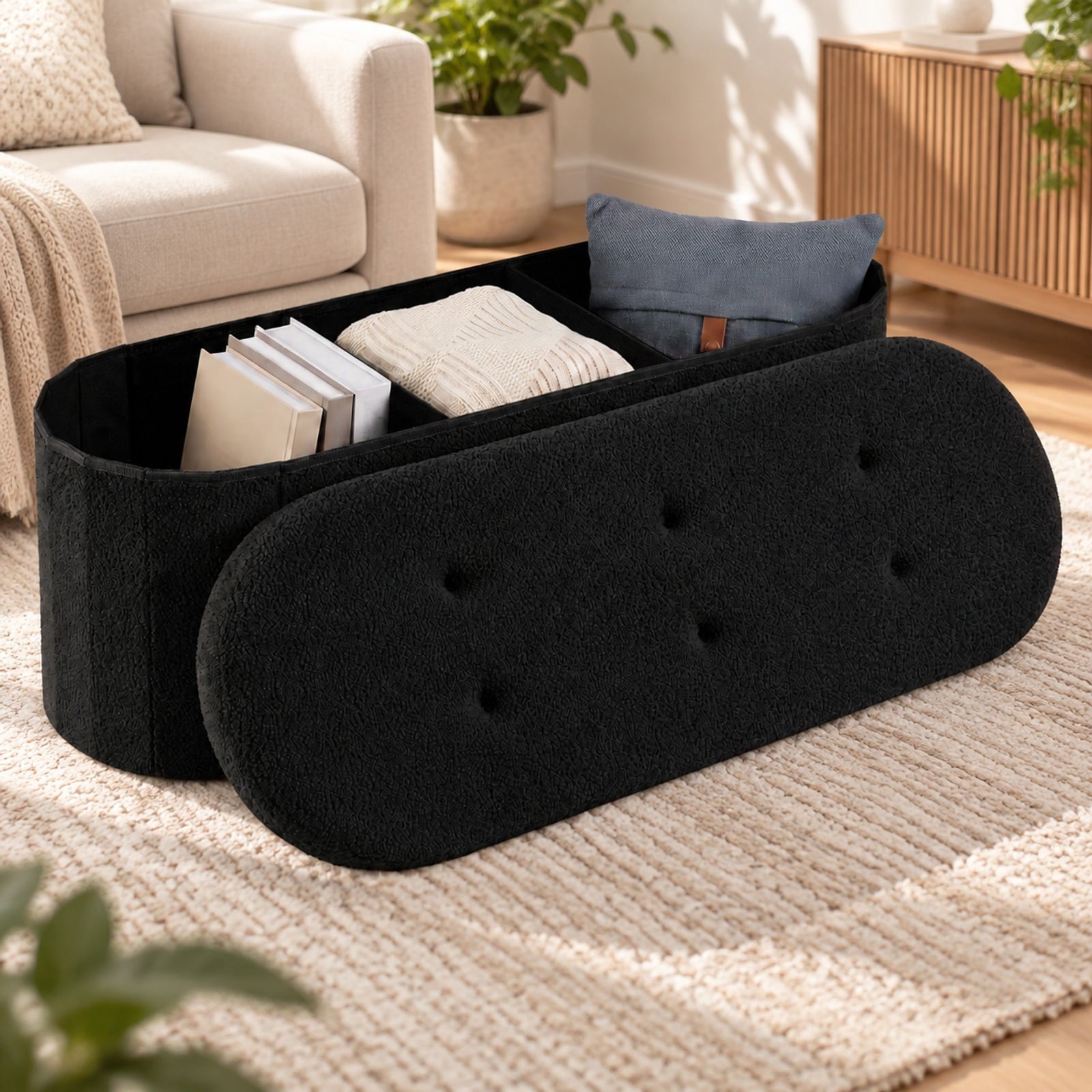 Fenbeli 43 Folding Teddy Storage Ottoman Bench with Dividers for Living Room and Bedroom, 43 x 15 x 16Inner Footprint, Black