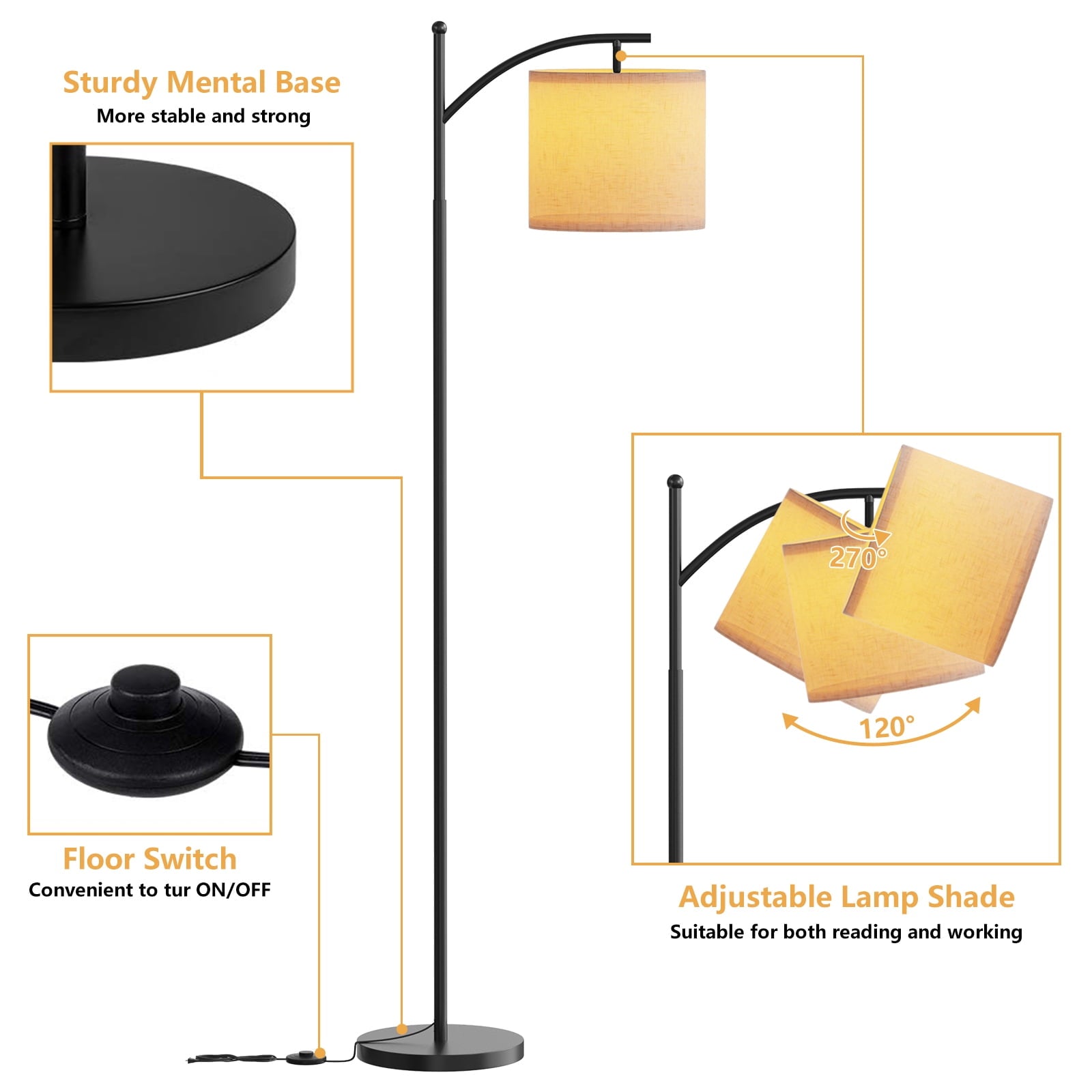 Fenbeli Arc Floor Lamp for Living Room, 61 Modern Standing Lamp with 3 Color Temperature LED Bulb Included, Adjustable Hanging Linen Drum Shade, Tall Floor Lamp with Foot Switch for Bedroom Office