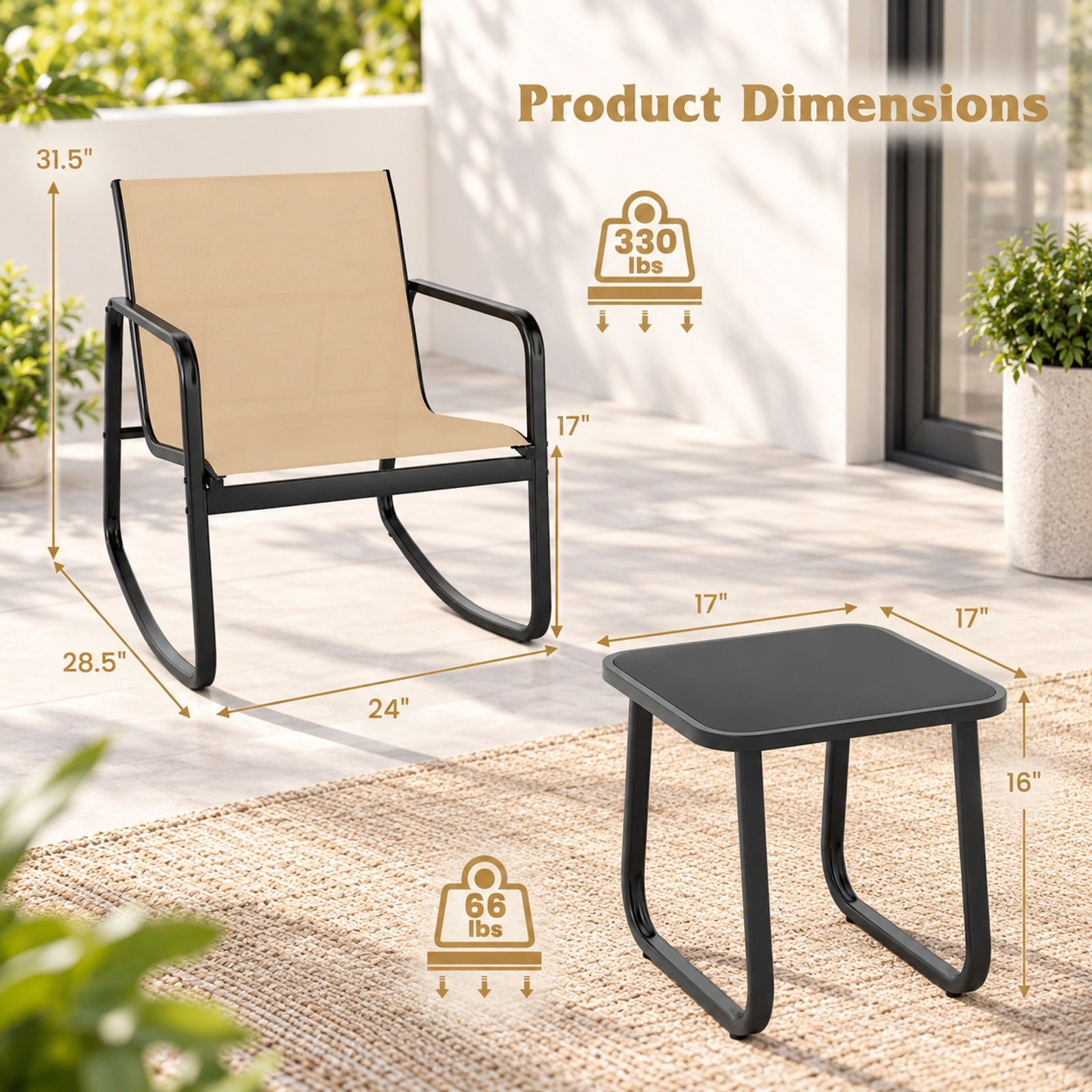Fenbeli 2 Rocking Bistro Chairs and Glass-Top Table for Porch Yard Balcony, Rocking Chair 330 lbs Capacity, Metal Fabric Tempered Glass Frame, Brown