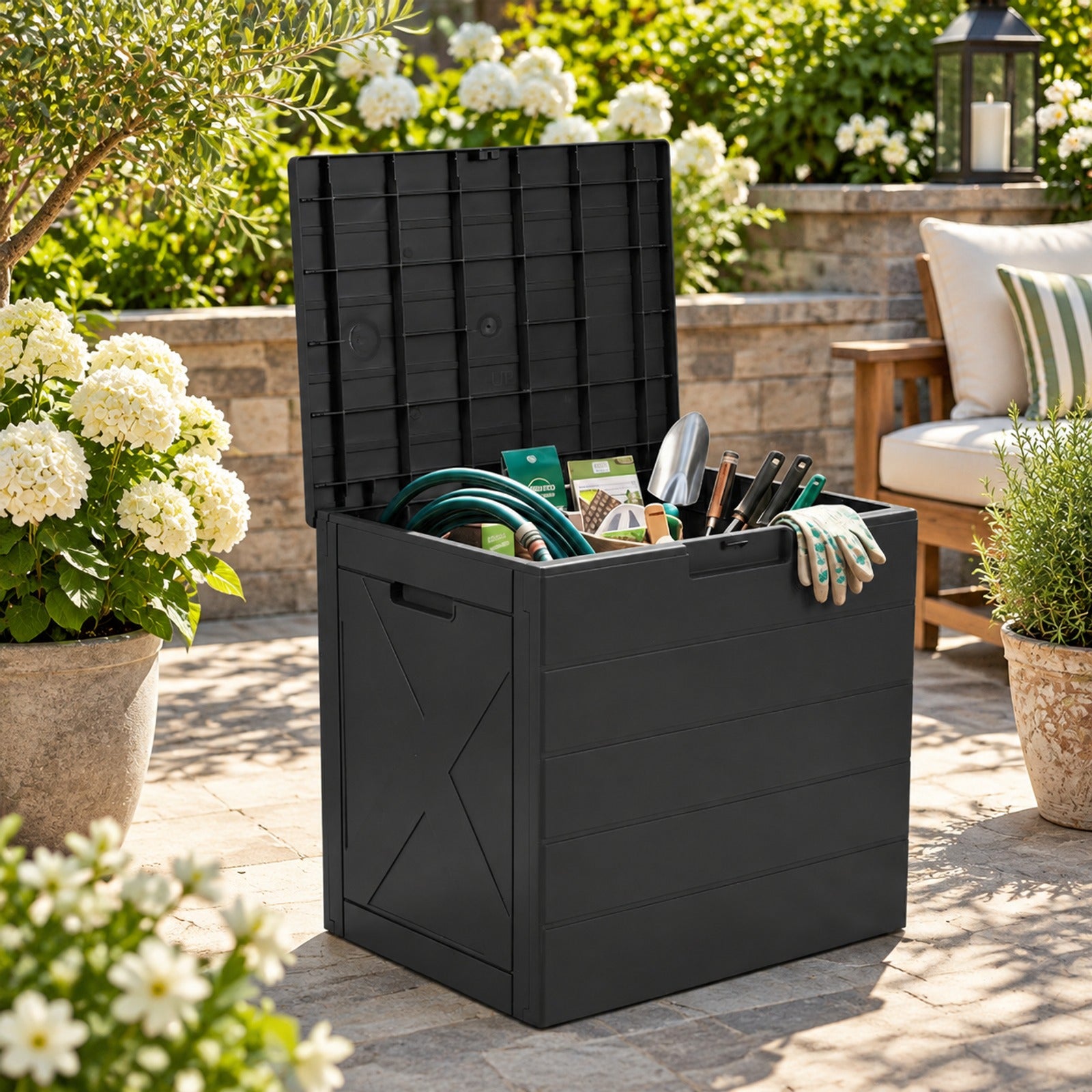 Fenbeli 25 Gallon Storage Bin with Lid Carry Handles and Lock Hole for Patio Furniture Accessories, 110 lbs Capacity, PP Frame, Black