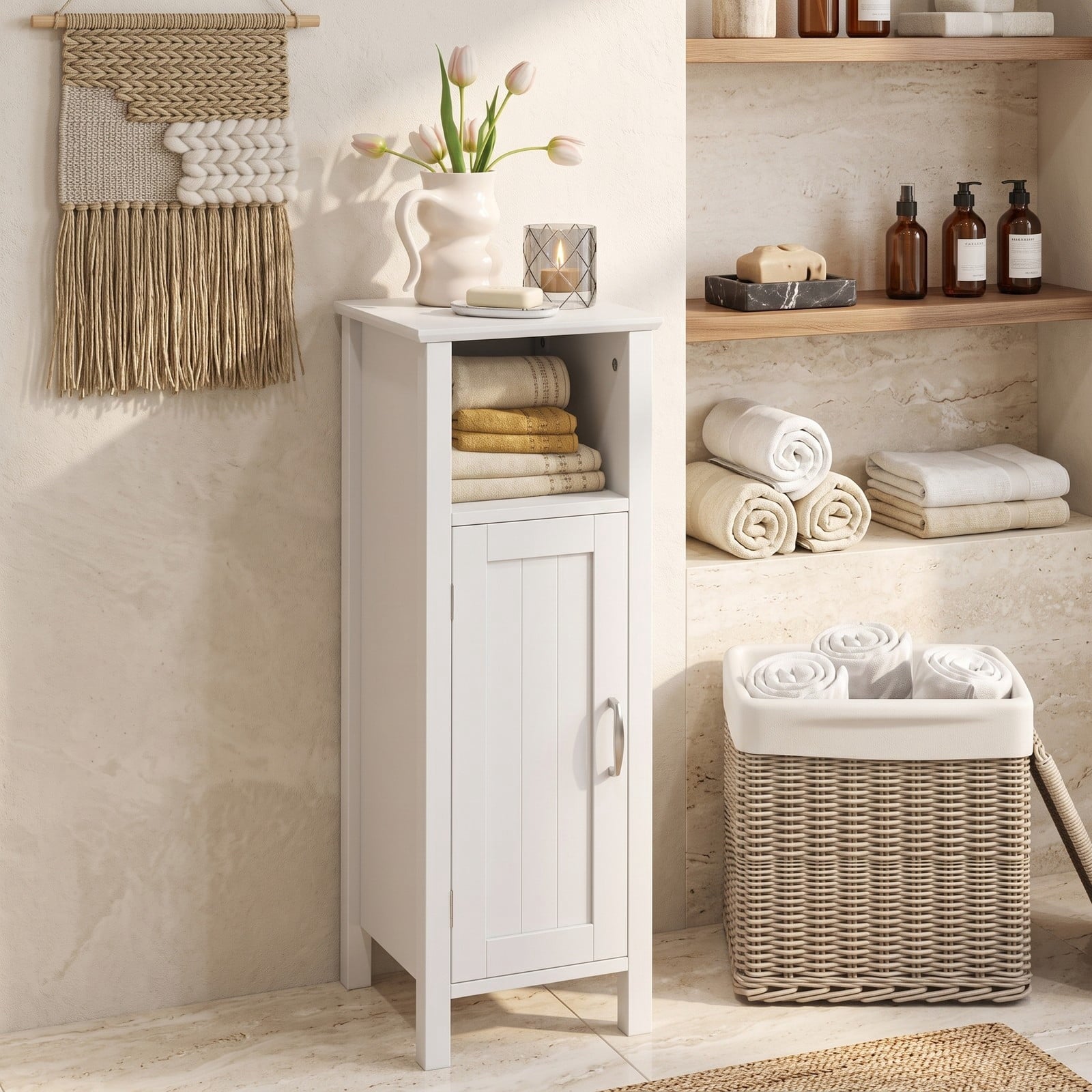 Fenbeli 1-Door Freestanding Bathroom Cabinet with Open Shelf, 2-Tier Floor Storage Organizer and Anti-Tip MDF Corner Cabinet for Bathroom Bedroom Living Room, White