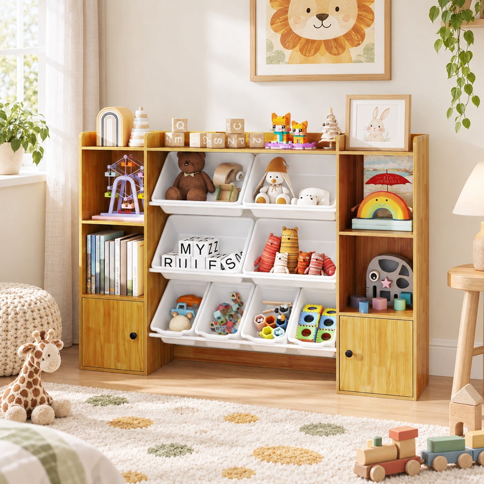 Fenbeli Kids Toy Storage and Bookshelf with Boxes and Open Shelves, 385 lbs Capacity, Engineered Wood Frame, for 3+ Years Old Total, Beige