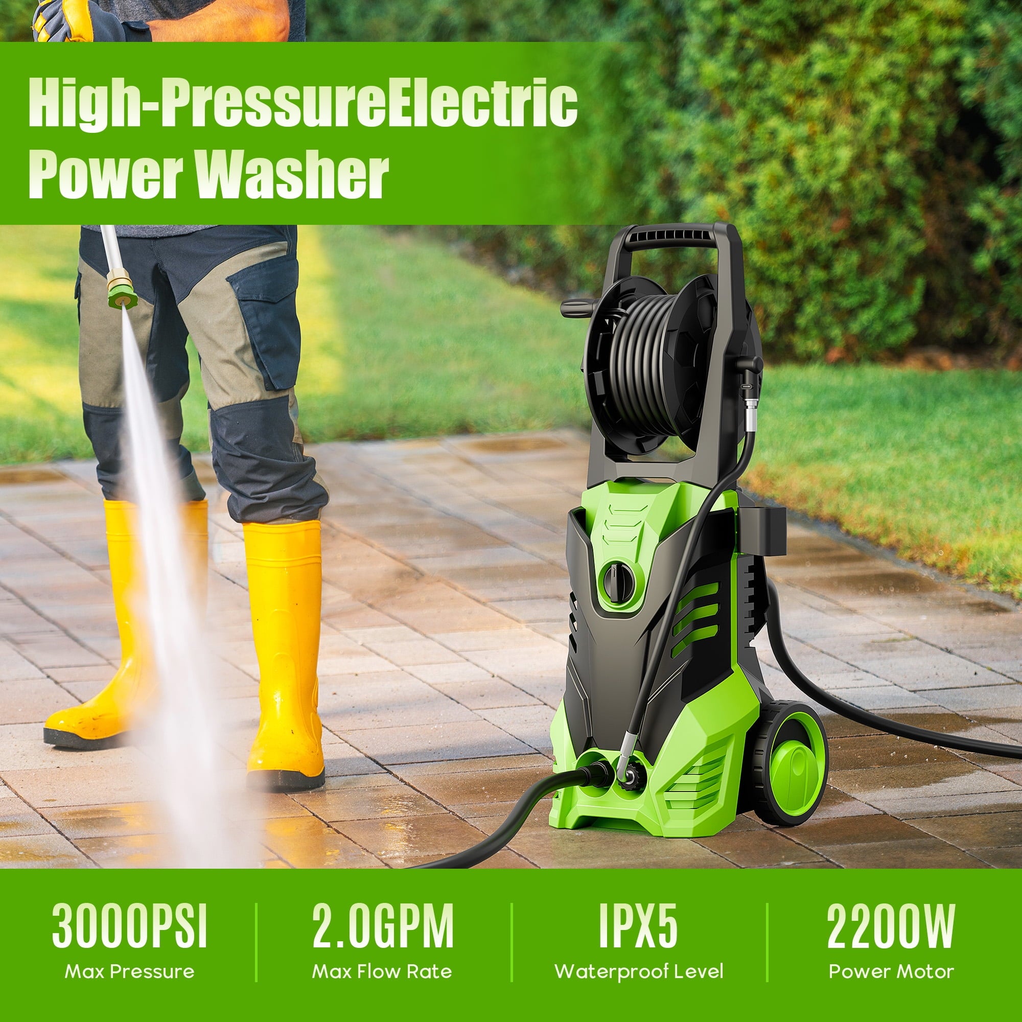 Fenbeli 3800 PSI Electric Pressure Washer - Lightweight with Wheels, Easy to Assemble, 2.0GPM, Includes 5 Nozzles for Cars, Fences, Driveways, Green