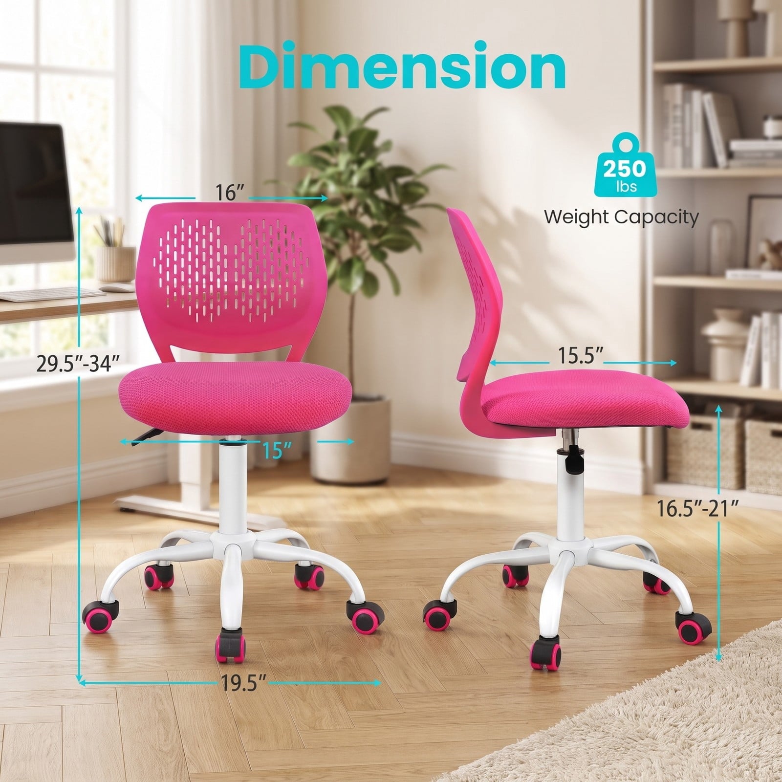 Fenbeli Ergonomic Children Study Chair with Adjustable Height, 250 lbs Capacity, Sponge Mesh Metal Frame, 19.5 x 19.5 x 29.5-34 Footprint, Pink