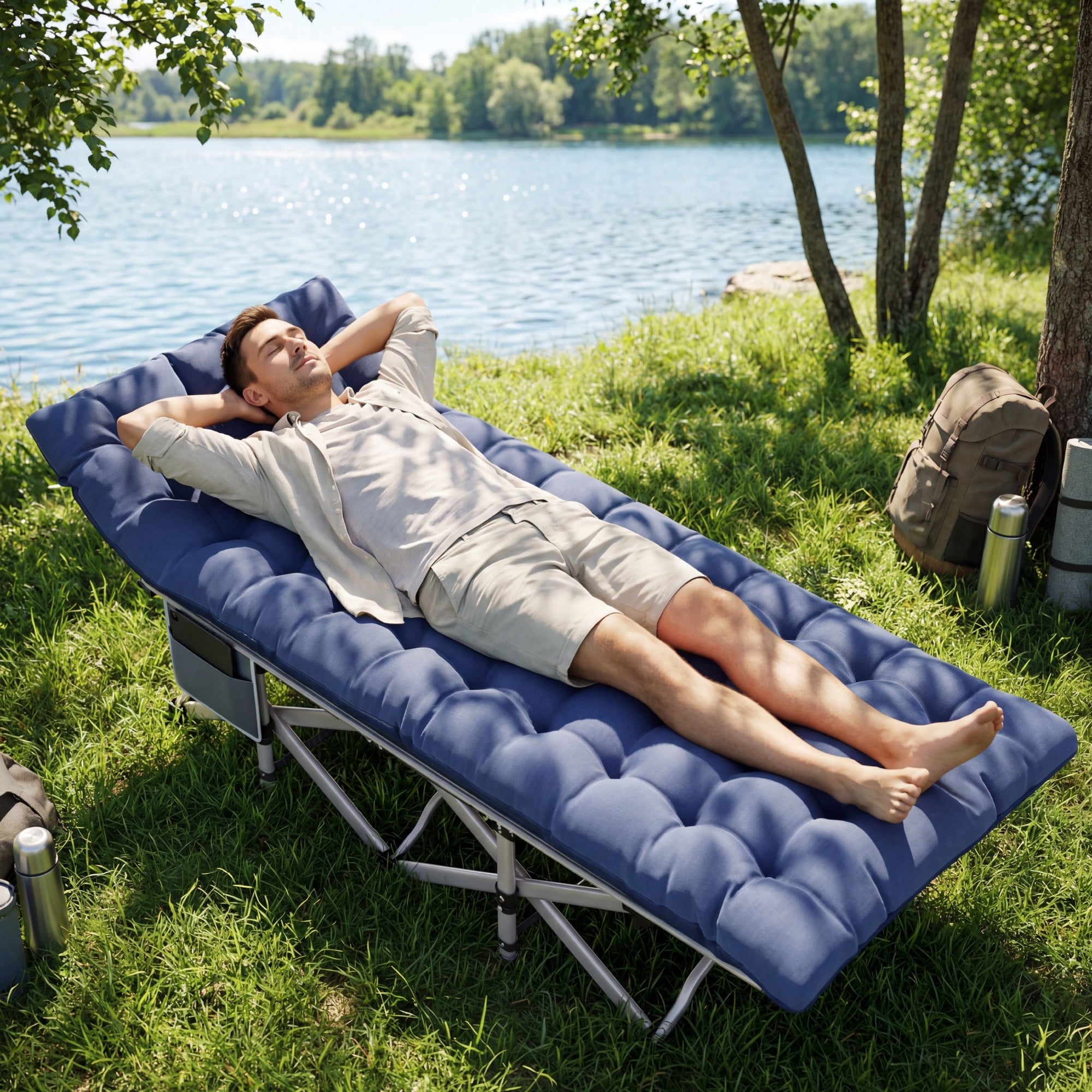 Fenbeli Camping Cot with Mattress, Heavy Duty Folding Cot Bed for Adults, Portable Sleeping Cot for Camping Travel Outdoor Tent and Home Guest, Blue