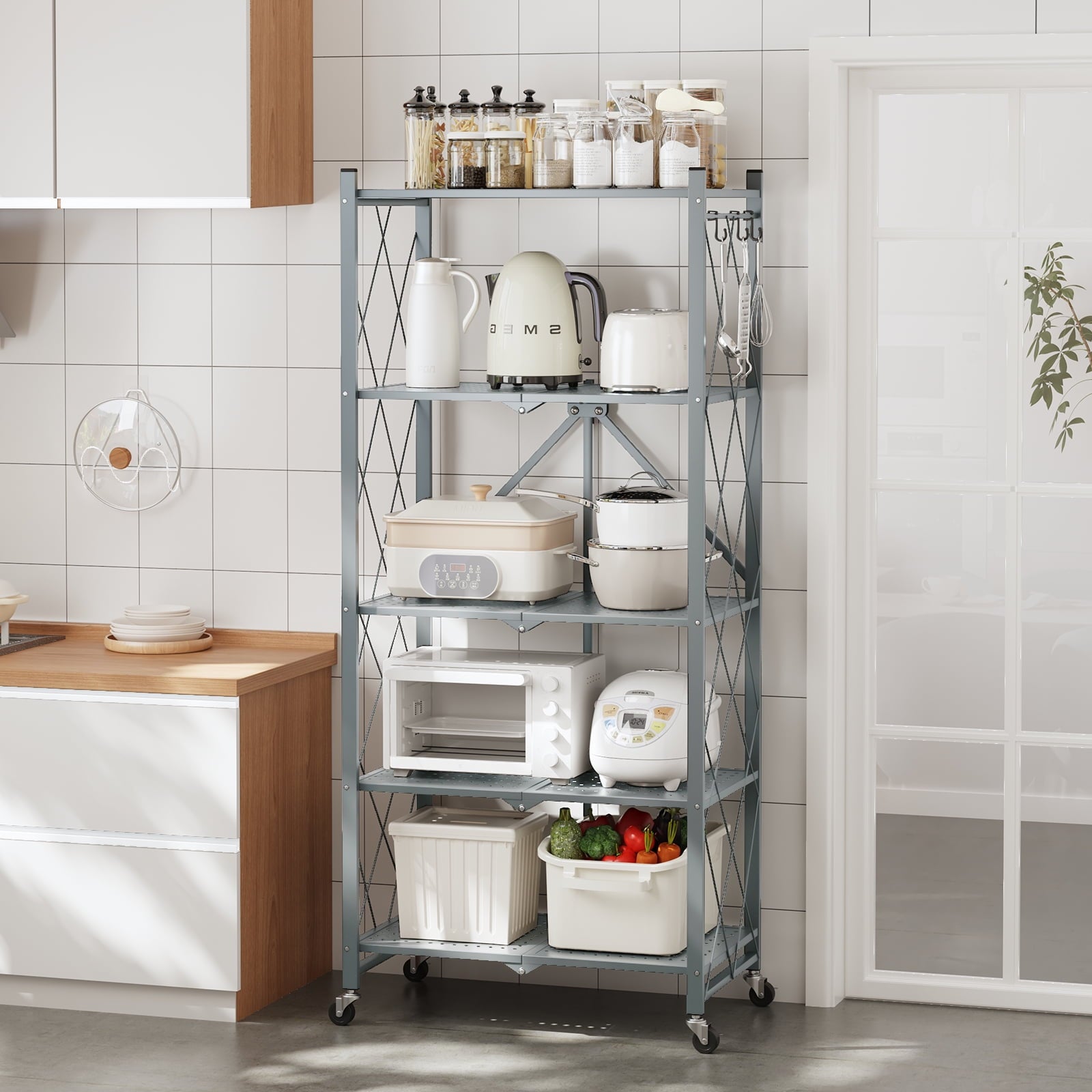 Fenbeli 5-Tier Storage Shelving Unit, Metal Shelf, Foldable Storage Shelf with Wheels, Garage Shelf, Metal Storage Rack with 3 Hooks